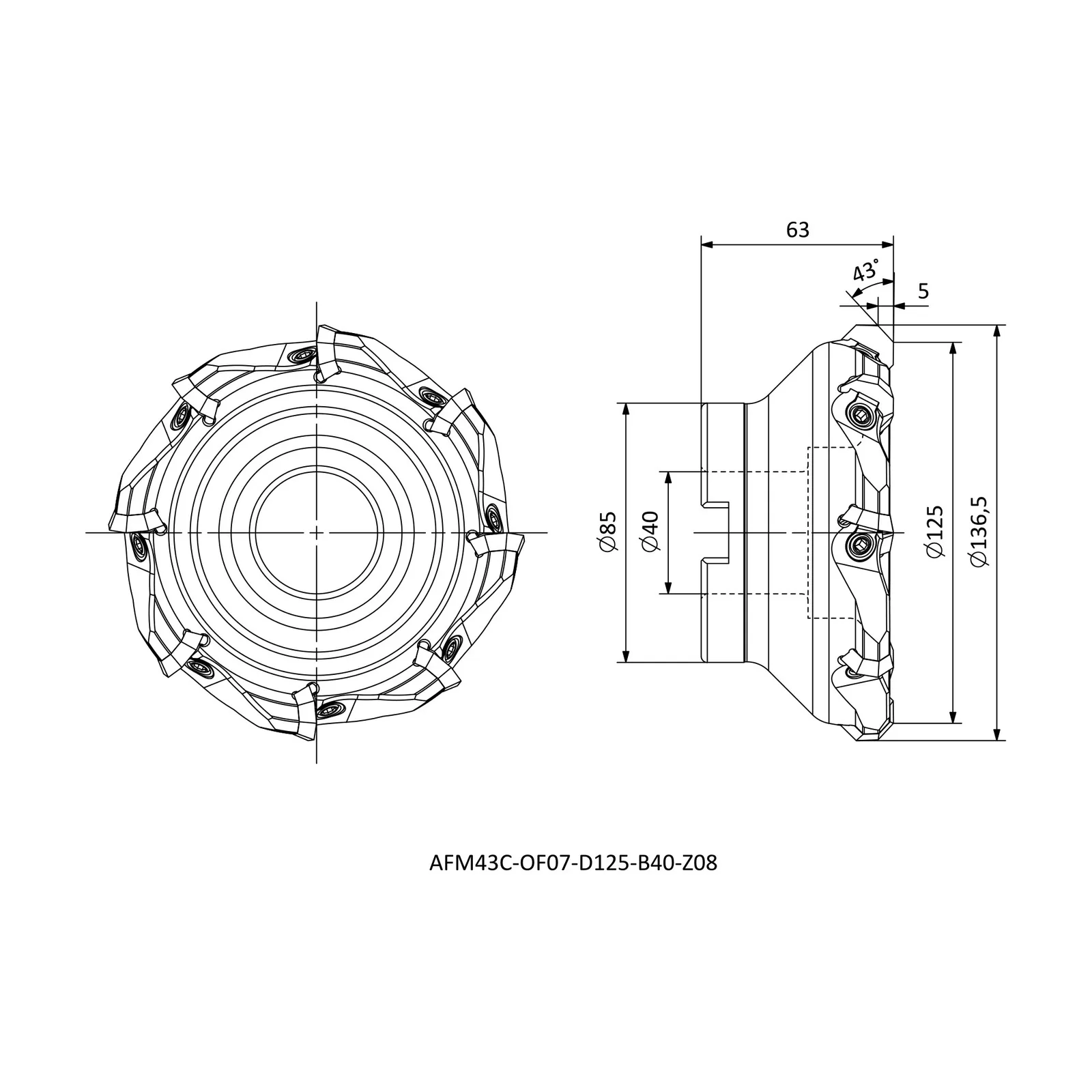 AFM43C-OF07-D125-B40-Z08 &mdash; dimensioned drawing