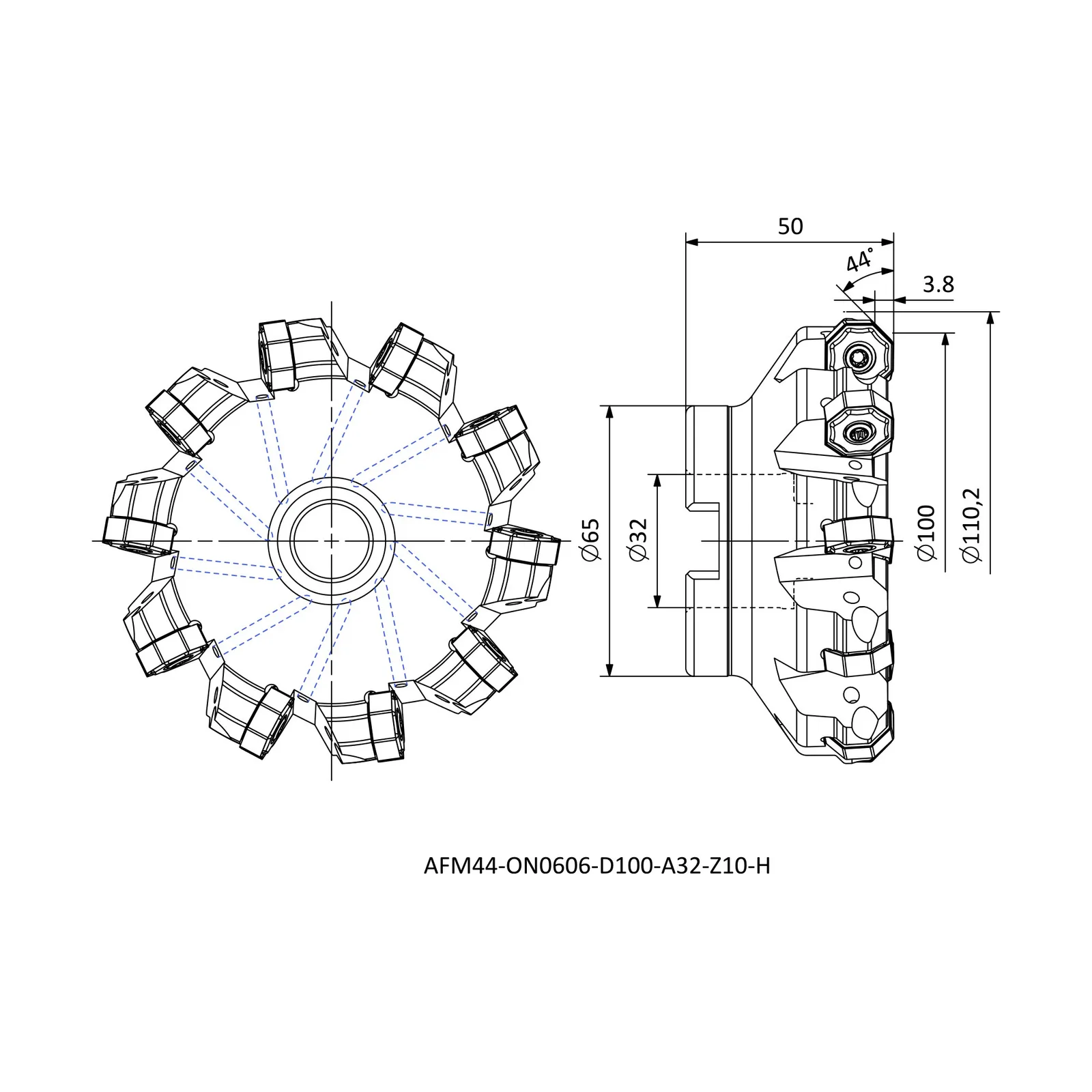 AFM44-ON0606-D100-A32-Z10-H &mdash; dimensioned drawing