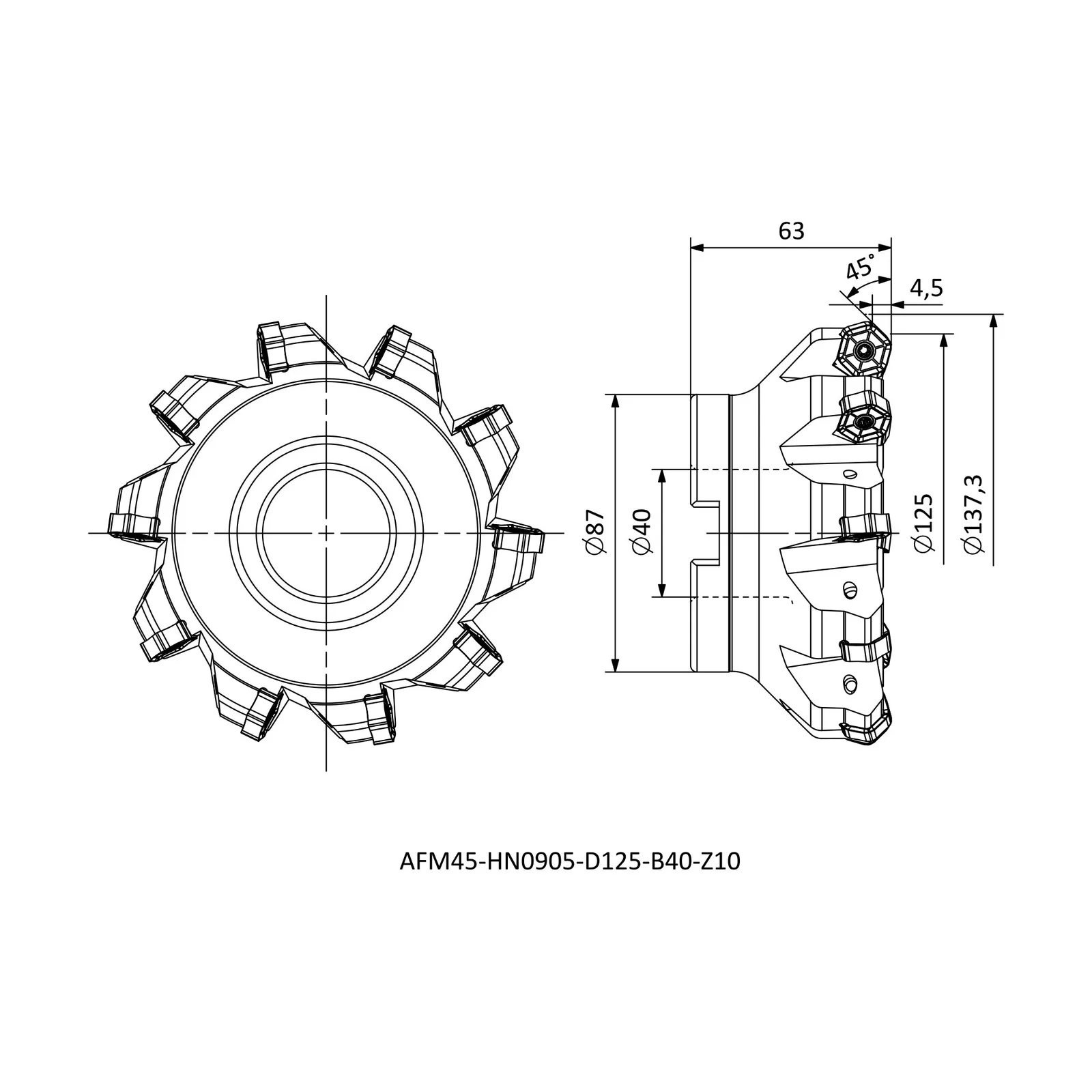 AFM45-HN0905-D125-B40-Z10 &mdash; dimensioned drawing