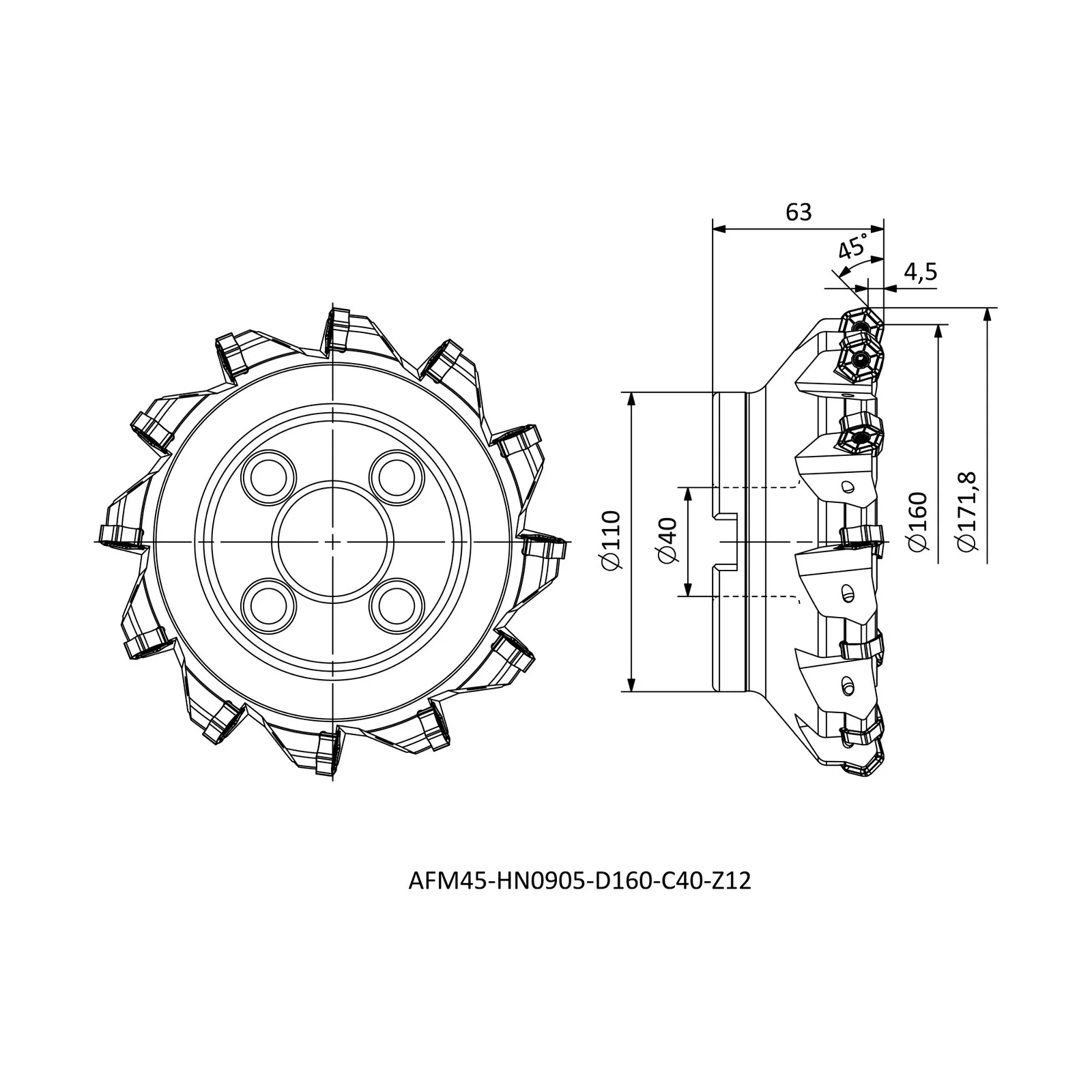 AFM45-HN0905-D160-C40-Z12 &mdash; dimensioned drawing