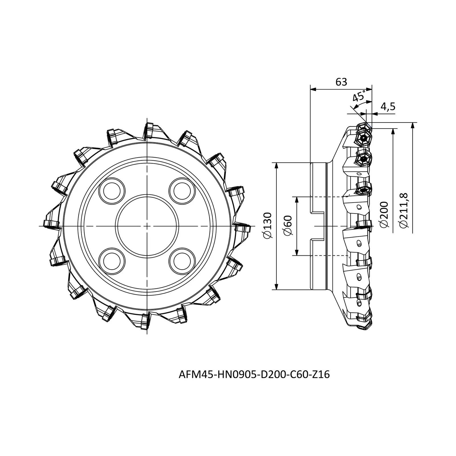 AFM45-HN0905-D200-C60-Z16 &mdash; dimensioned drawing