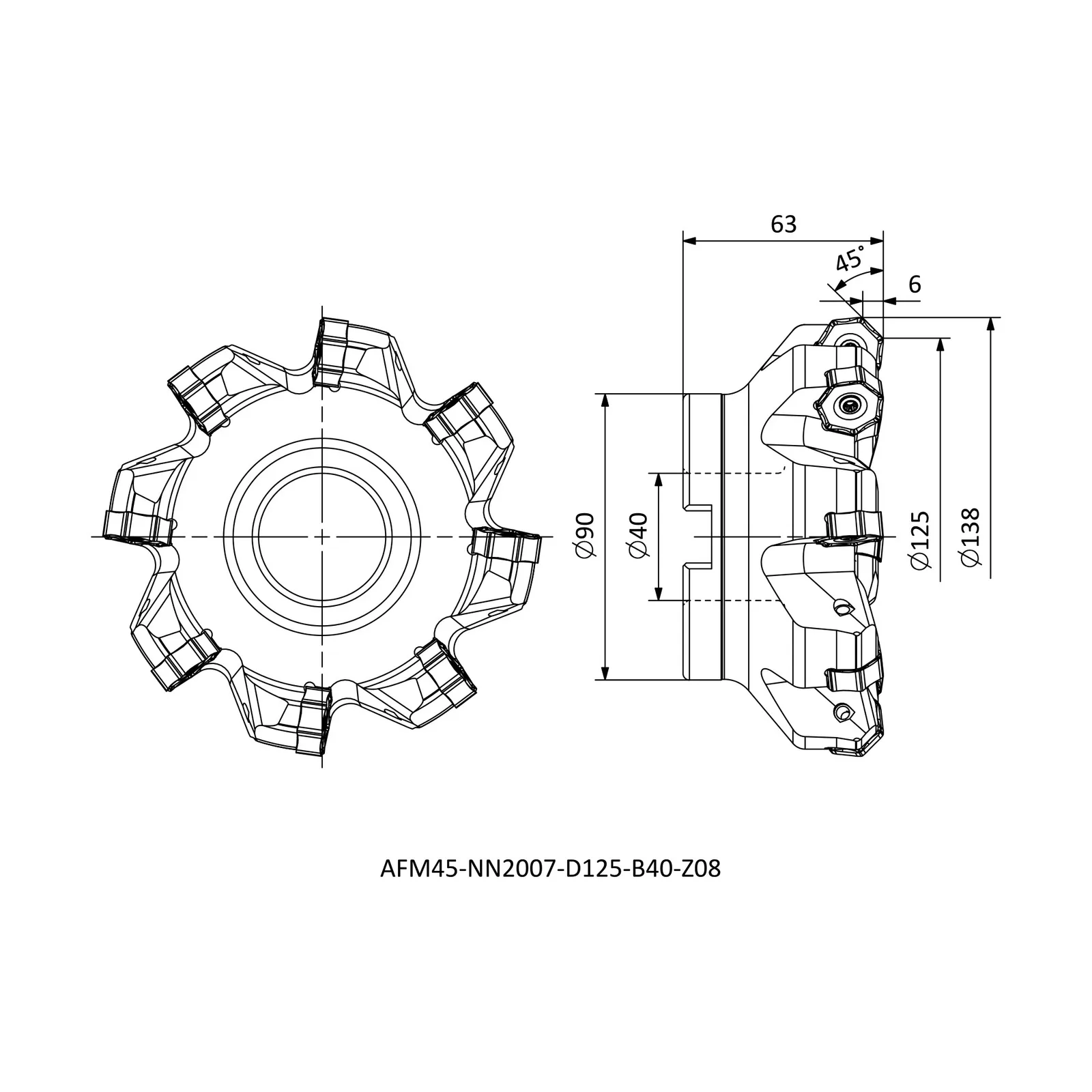AFM45-NN2007-D125-B40-Z08 &mdash; dimensioned drawing