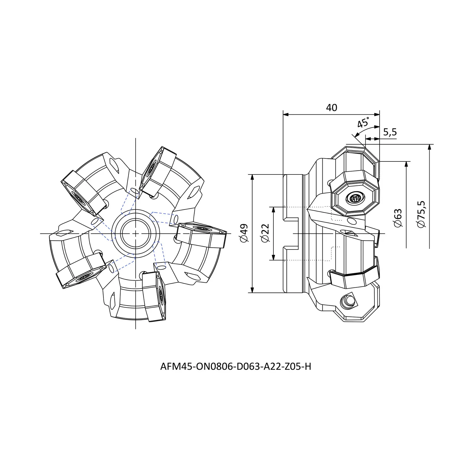 AFM45-ON0806-D063-A22-Z05-H &mdash; dimensioned drawing