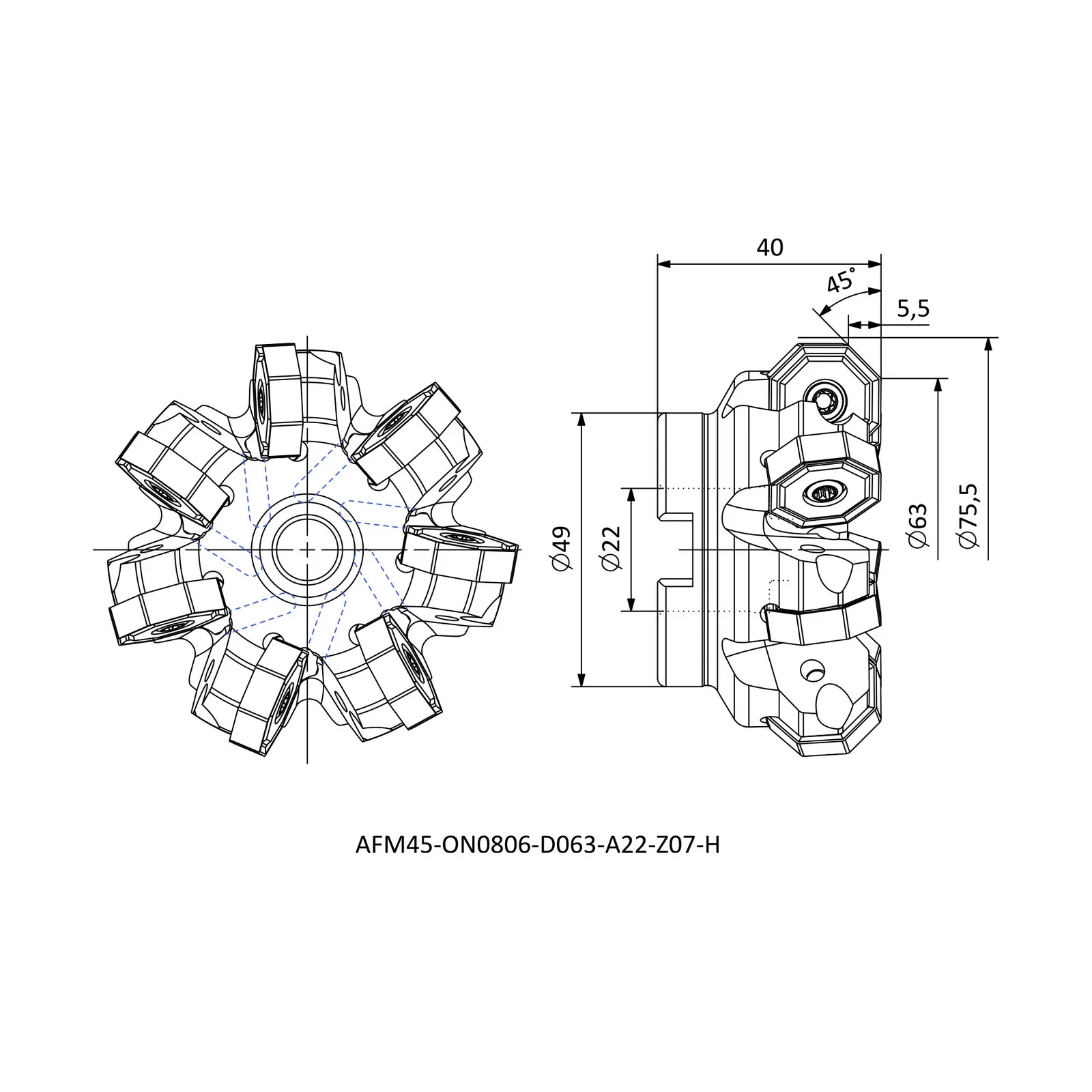 AFM45-ON0806-D063-A22-Z07-H &mdash; dimensioned drawing