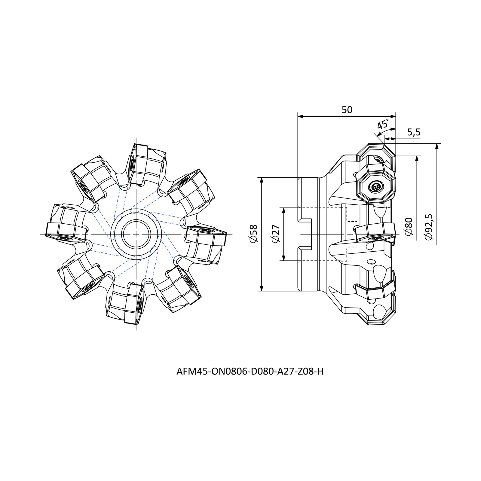 AFM45-ON0806-D080-A27-Z08-H &mdash; dimensioned drawing