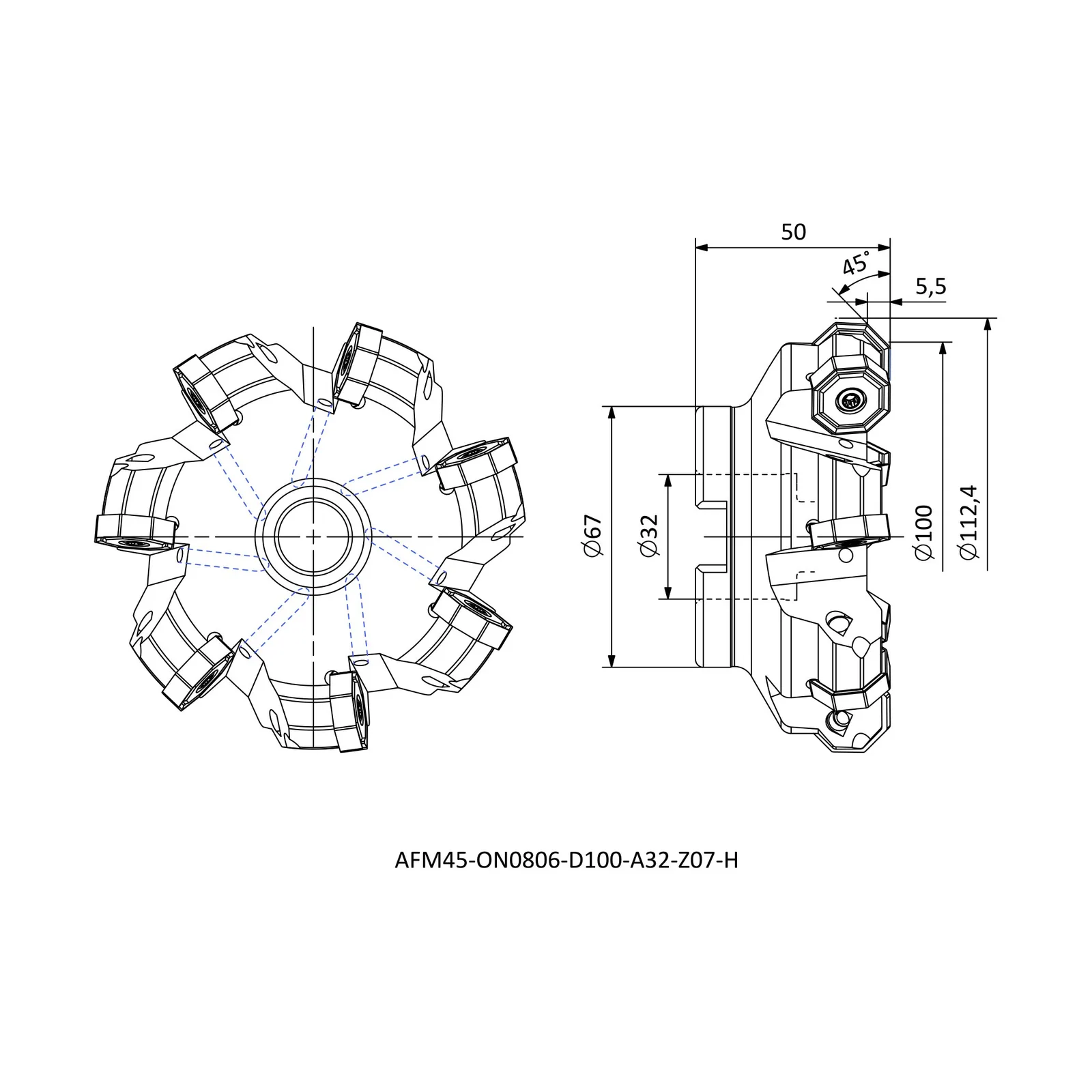 AFM45-ON0806-D100-A32-Z07-H &mdash; dimensioned drawing