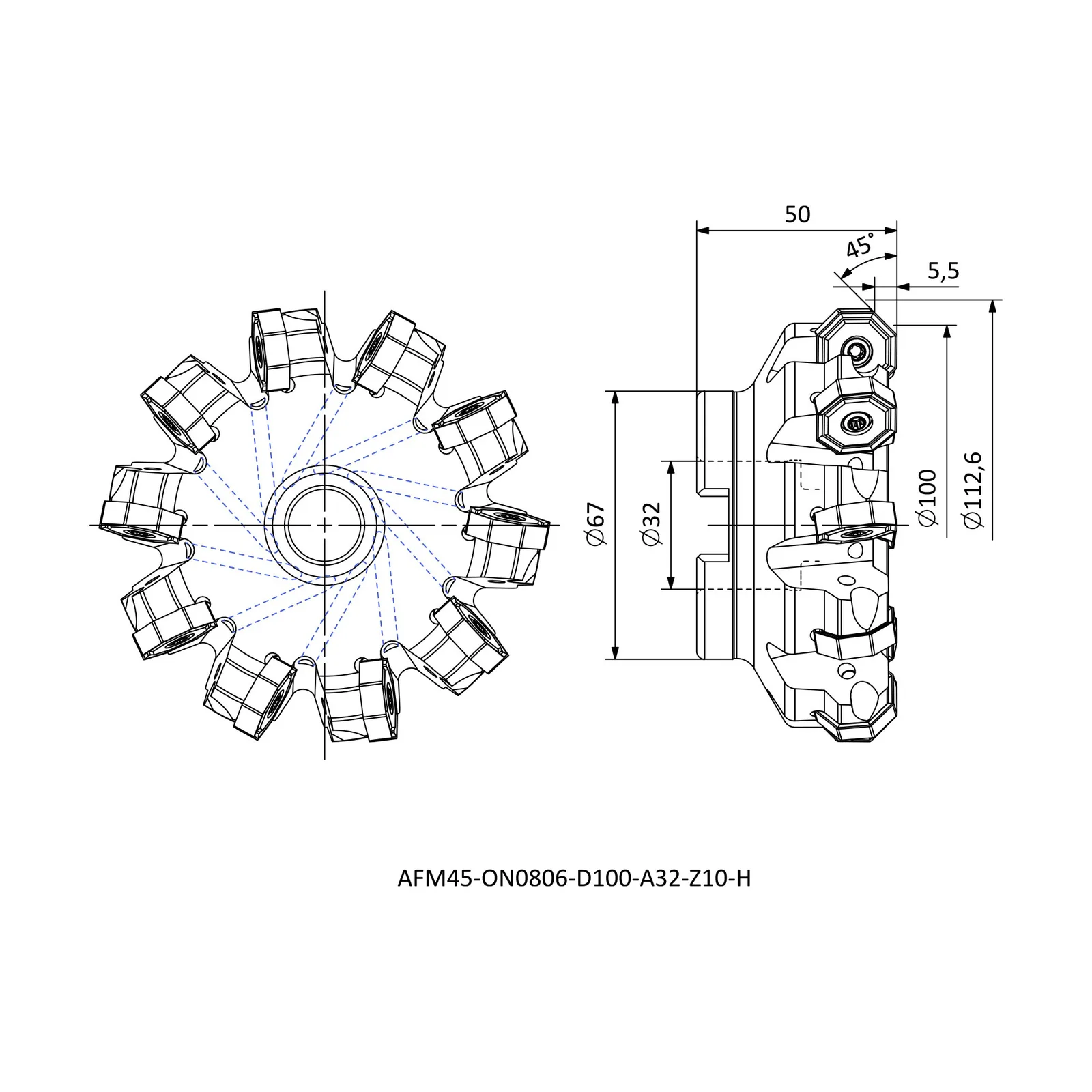 AFM45-ON0806-D100-A32-Z10-H &mdash; dimensioned drawing