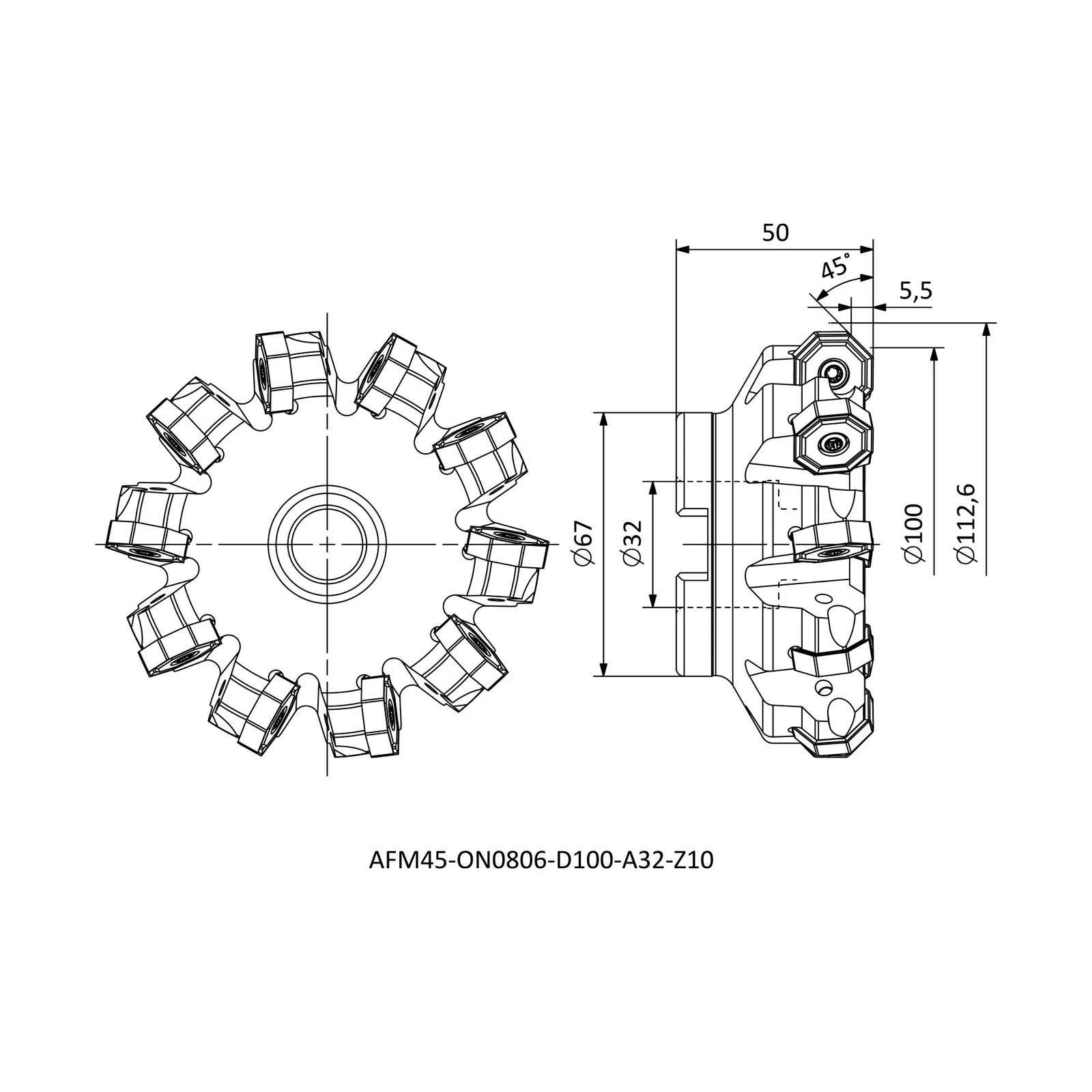 AFM45-ON0806-D100-A32-Z10 &mdash; dimensioned drawing