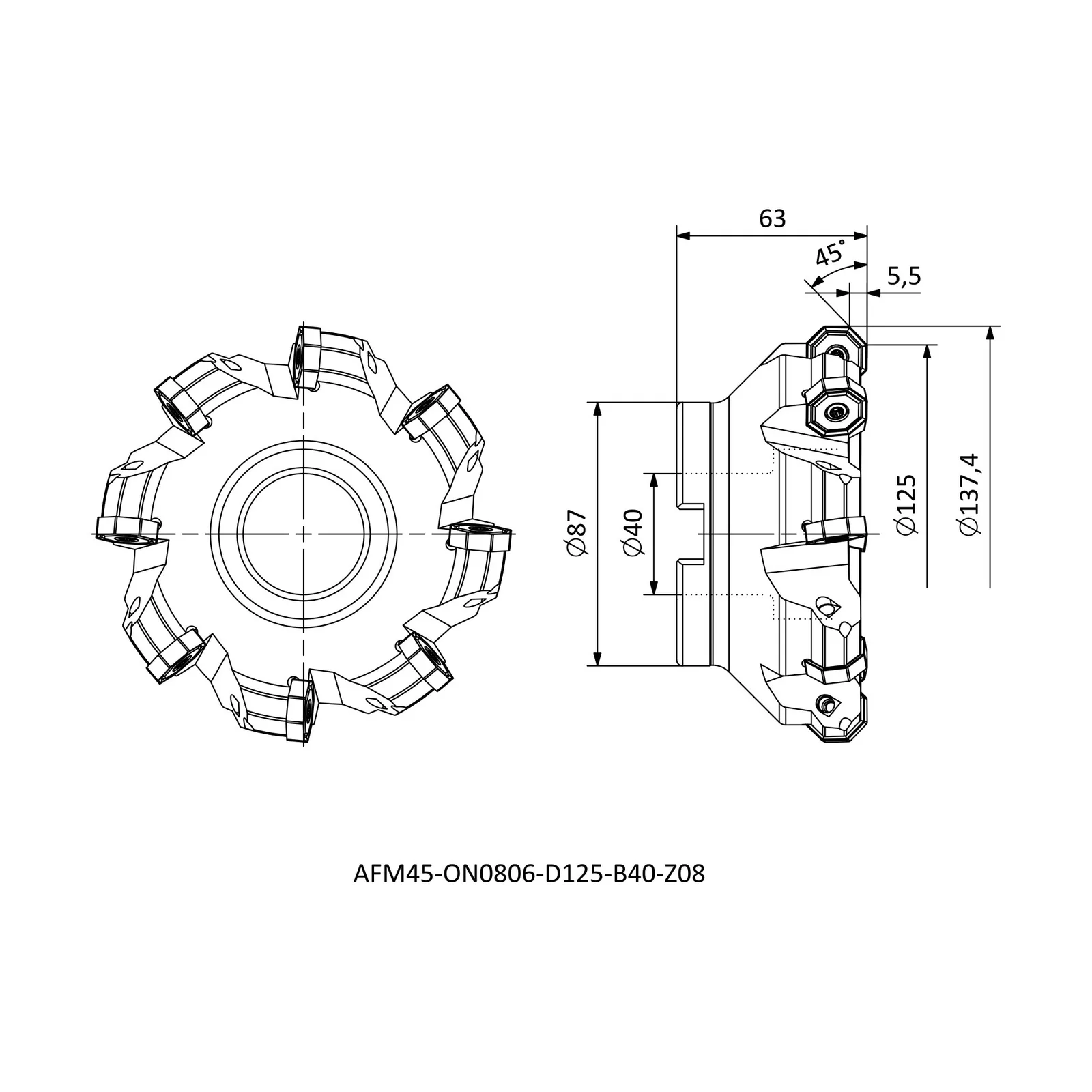 AFM45-ON0806-D125-B40-Z08 &mdash; dimensioned drawing