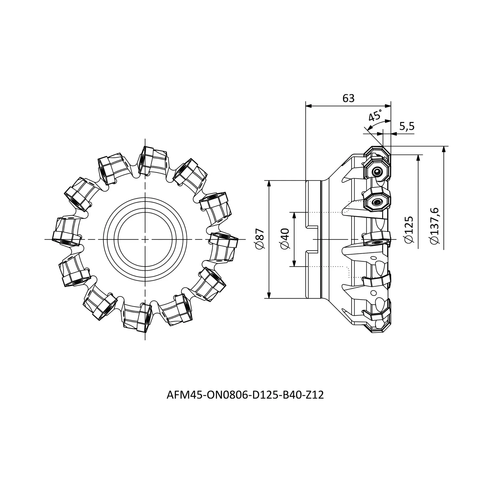 AFM45-ON0806-D125-B40-Z12 &mdash; dimensioned drawing