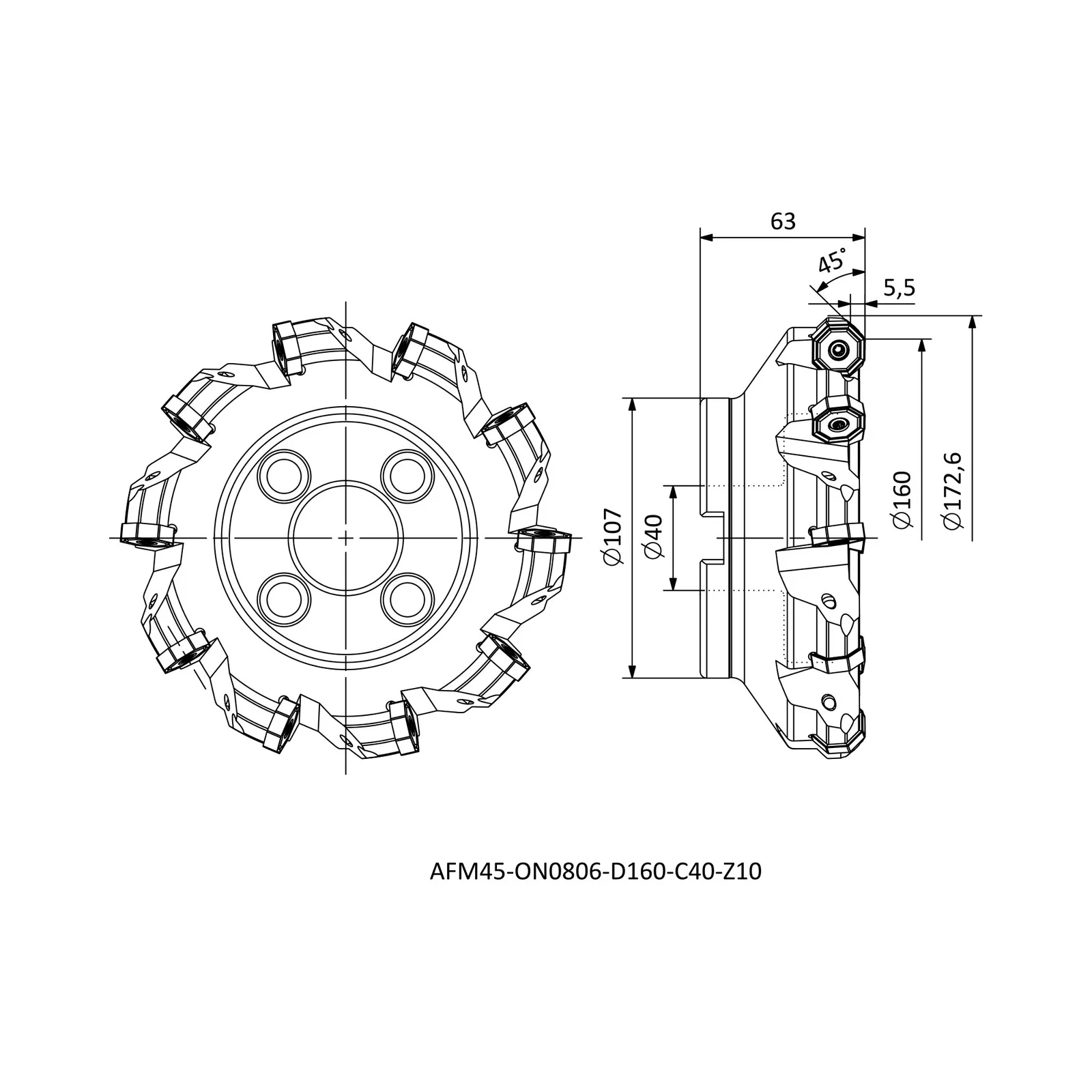 AFM45-ON0806-D160-C40-Z10 &mdash; dimensioned drawing