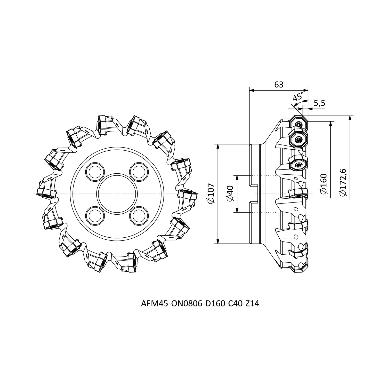 AFM45-ON0806-D160-C40-Z14 &mdash; dimensioned drawing