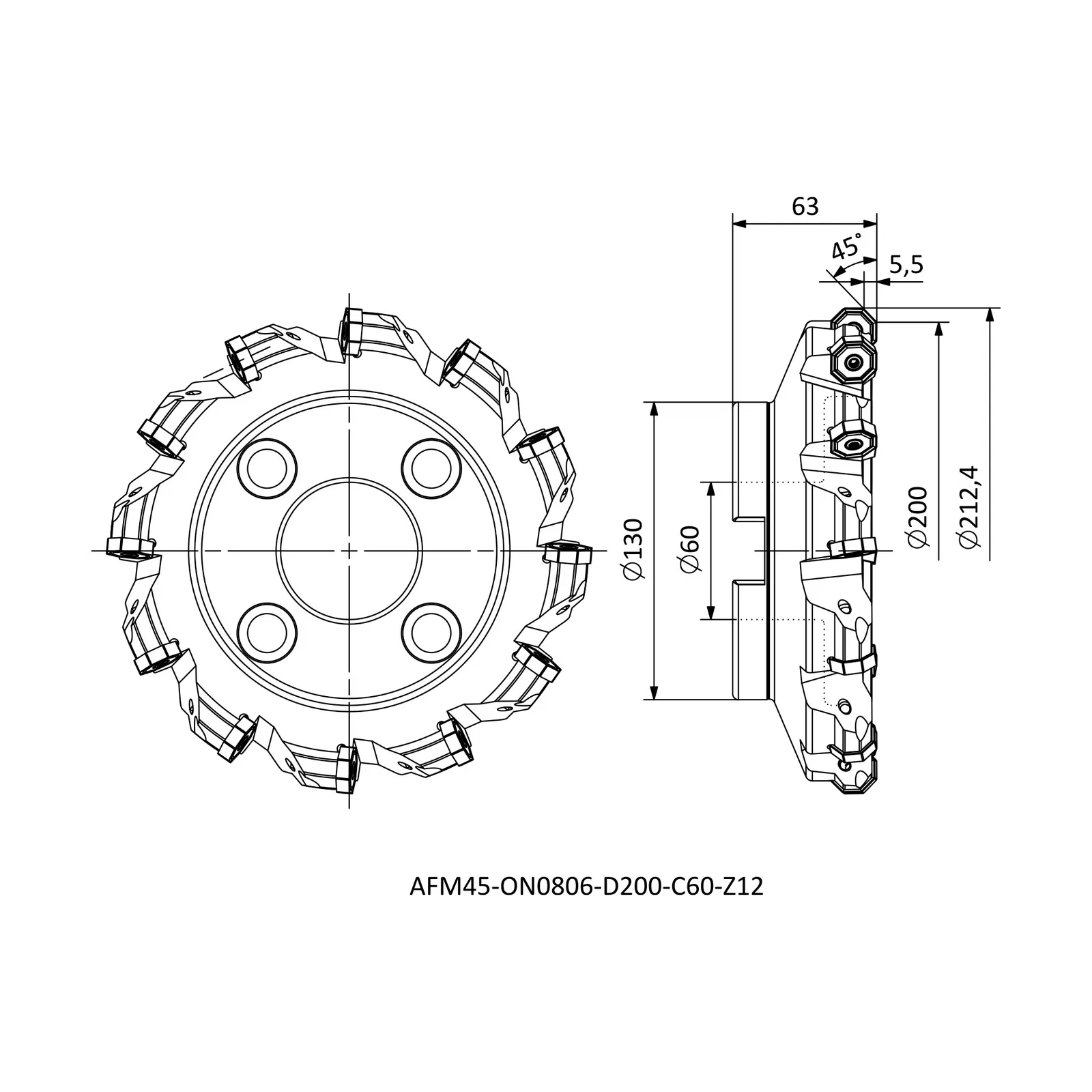 AFM45-ON0806-D200-C60-Z12 &mdash; dimensioned drawing