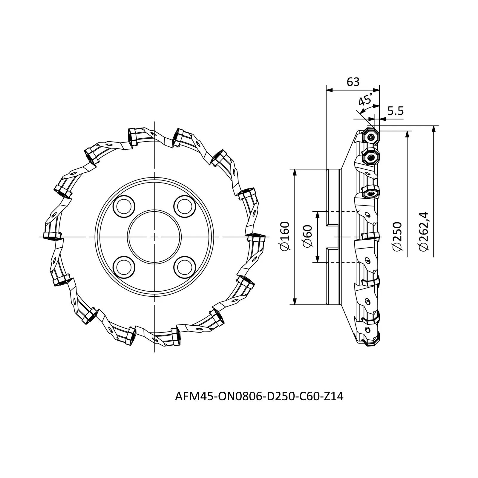AFM45-ON0806-D250-C60-Z14 &mdash; dimensioned drawing