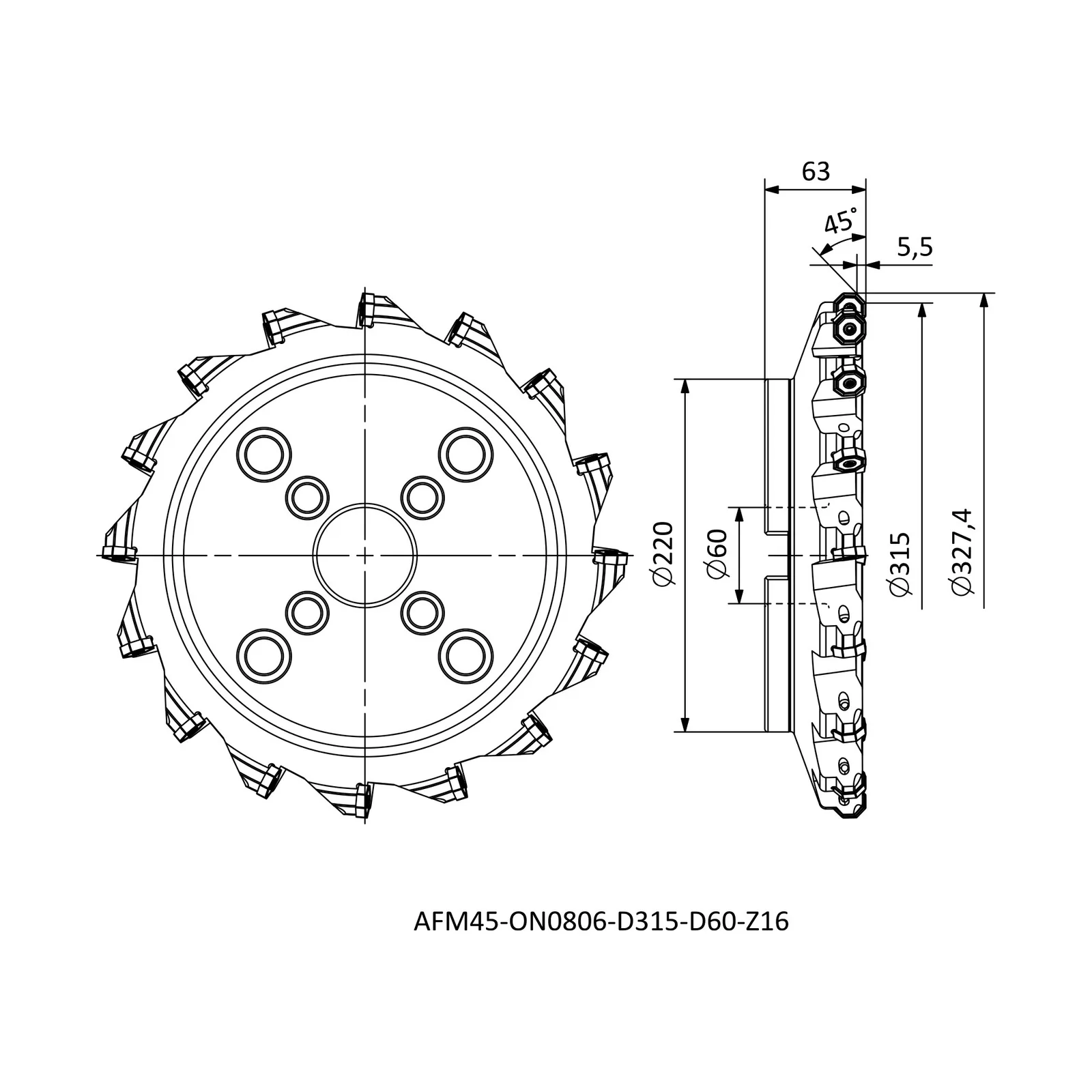 AFM45-ON0806-D315-D60-Z16 &mdash; dimensioned drawing