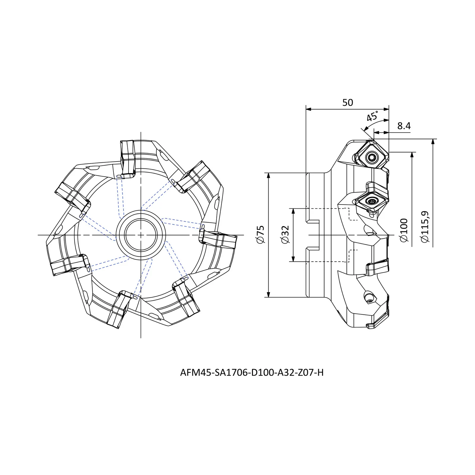 AFM45-SA1706-D100-A32-Z07-H &mdash; dimensioned drawing