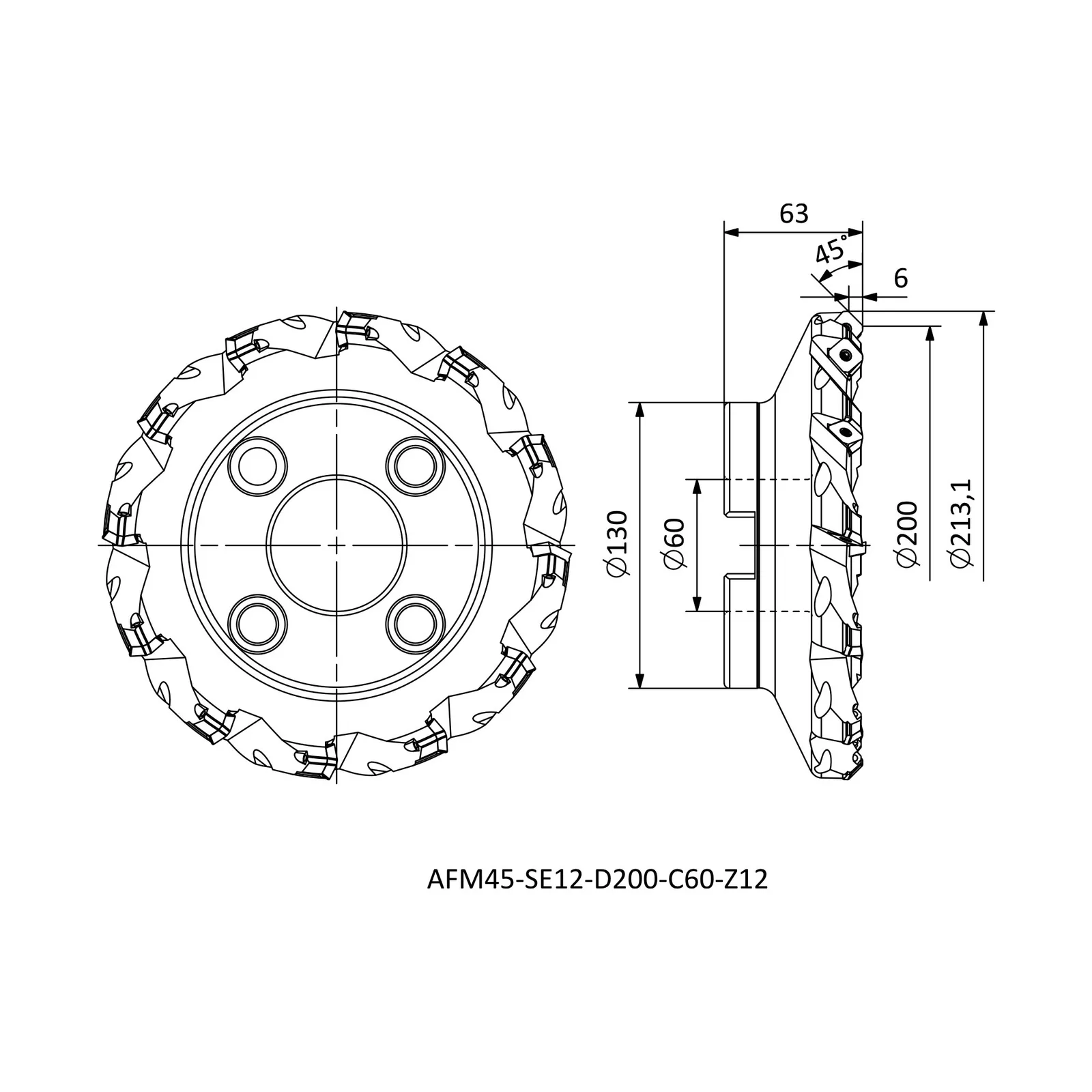 AFM45-SE12-D200-C60-Z12 &mdash; dimensioned drawing