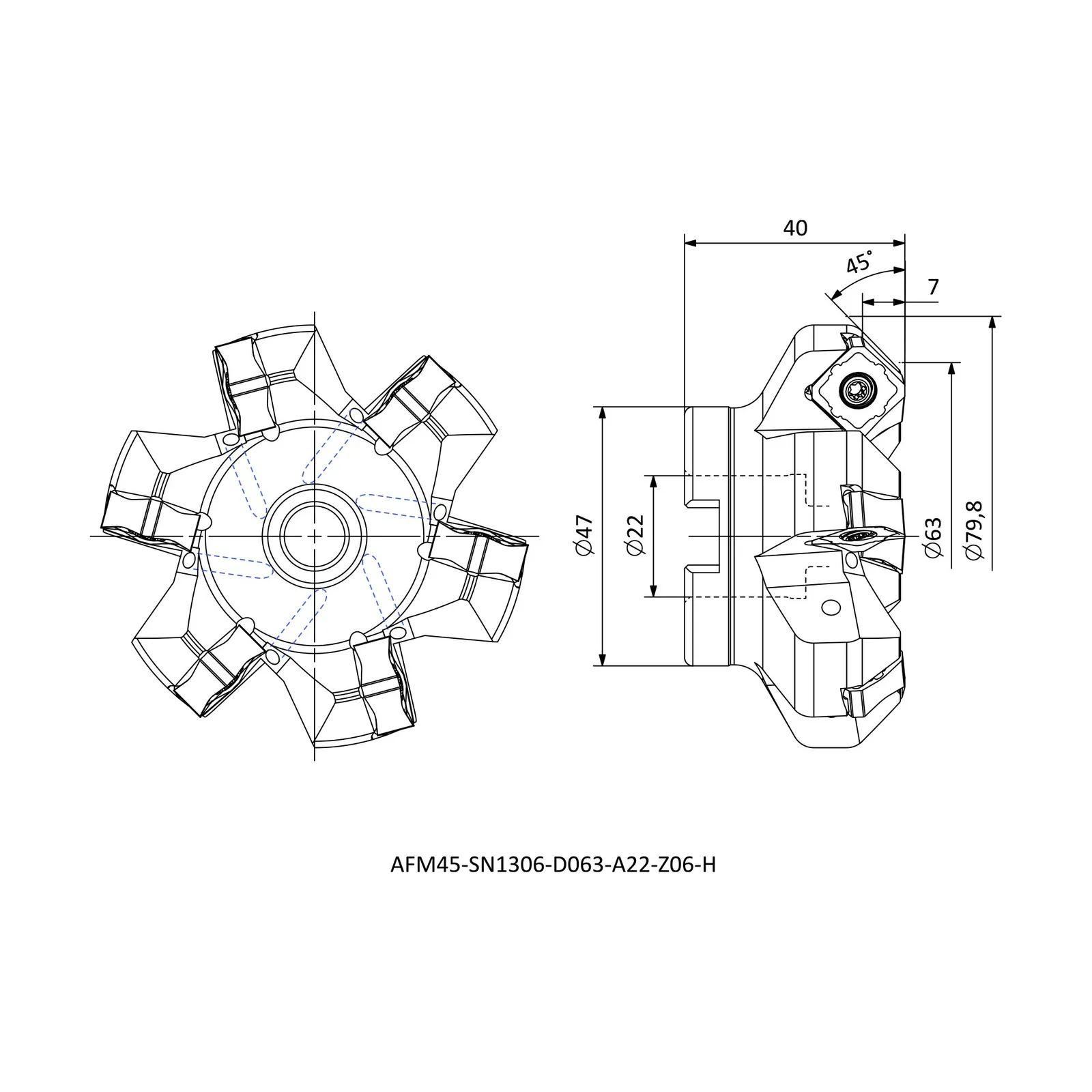AFM45-SN1306-D063-A22-Z06-H &mdash; dimensioned drawing