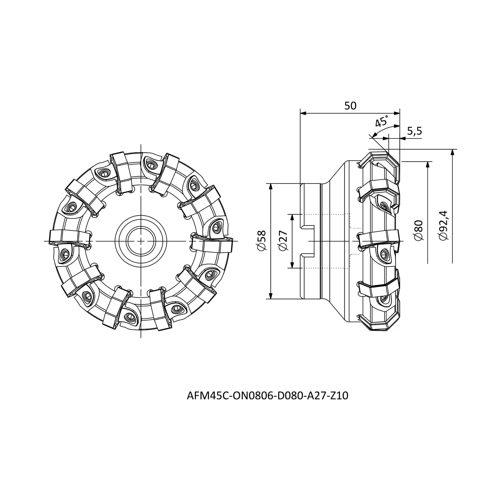 AFM45C-ON0806-D080-A27-Z10 &mdash; dimensioned drawing