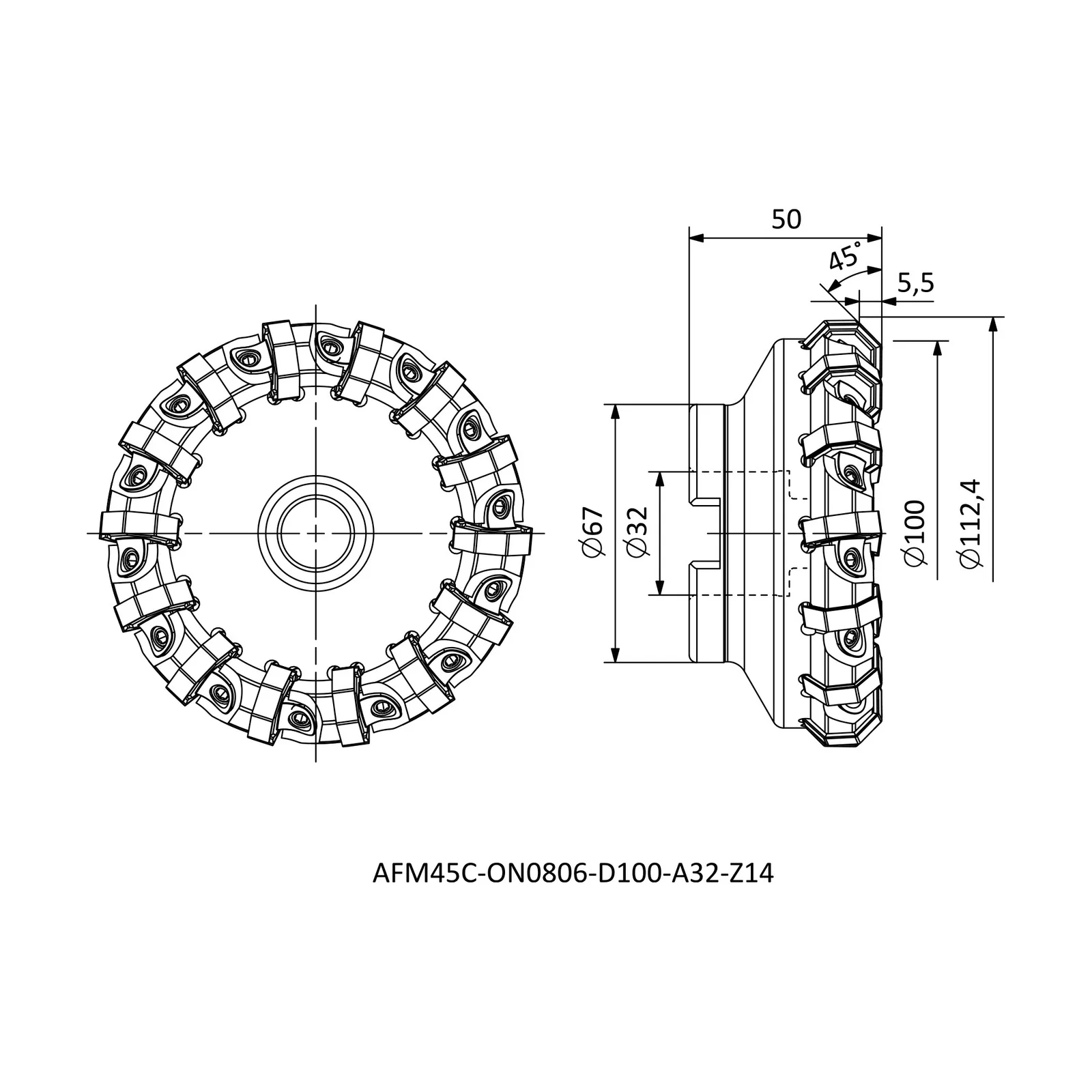 AFM45C-ON0806-D100-A32-Z14 &mdash; dimensioned drawing