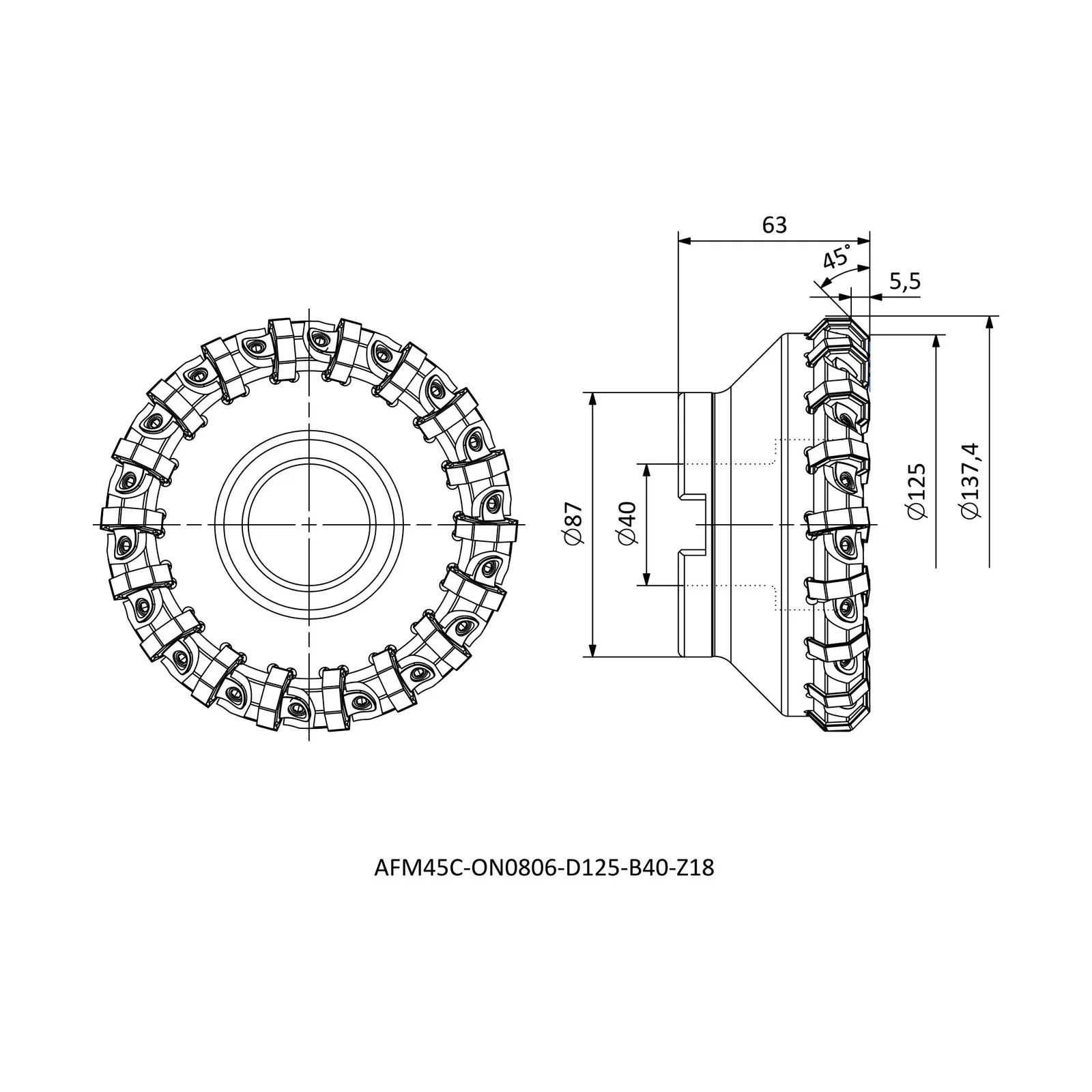 AFM45C-ON0806-D125-B40-Z18 &mdash; dimensioned drawing