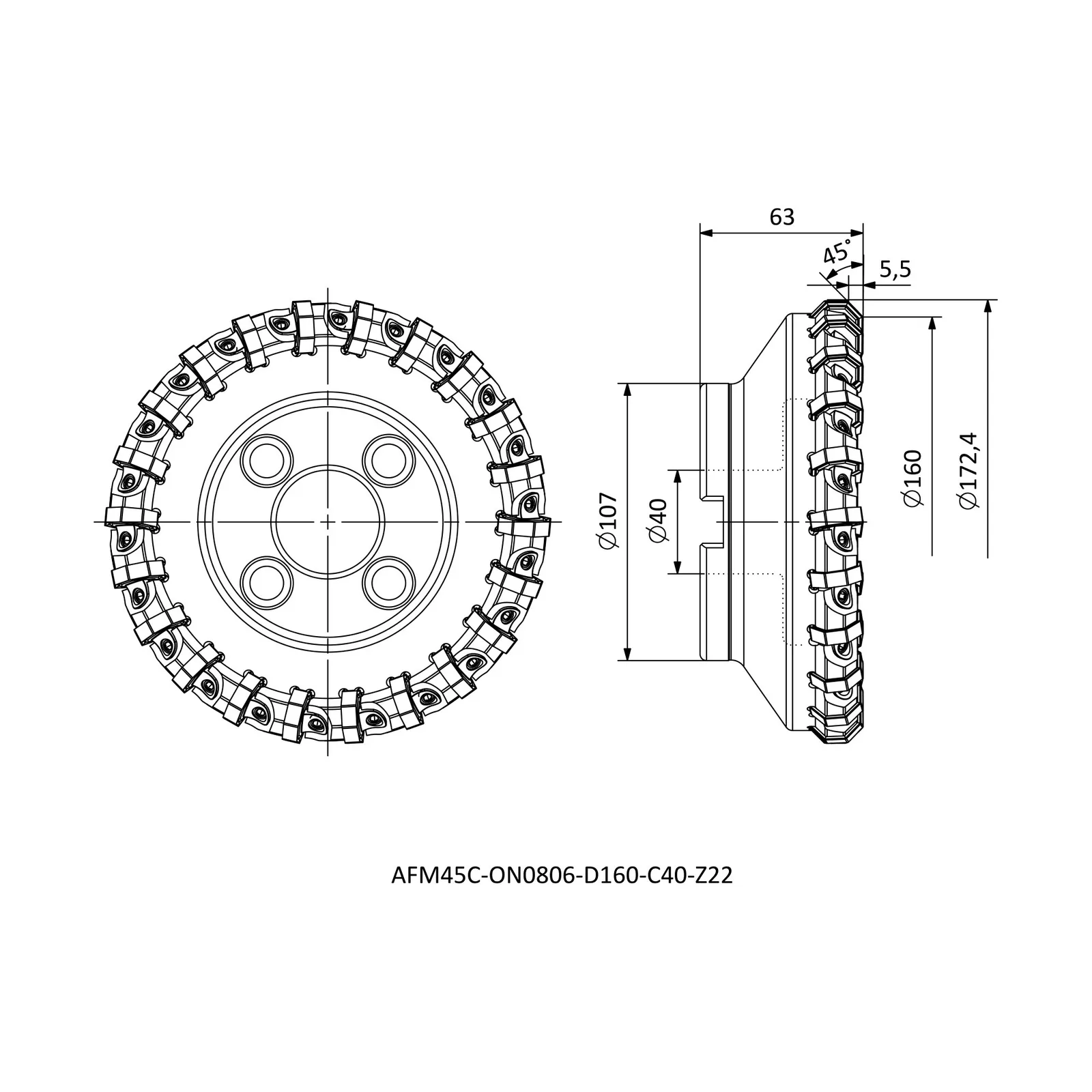 AFM45C-ON0806-D160-C40-Z22 &mdash; dimensioned drawing