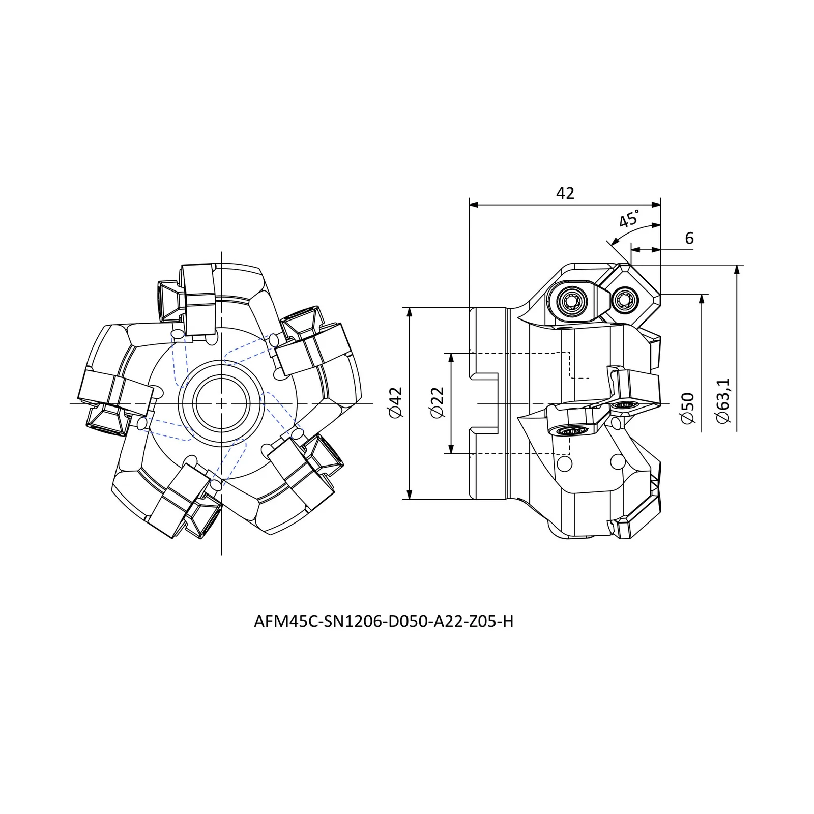AFM45C-SN1206-D050-A22-Z05-H &mdash; dimensioned drawing