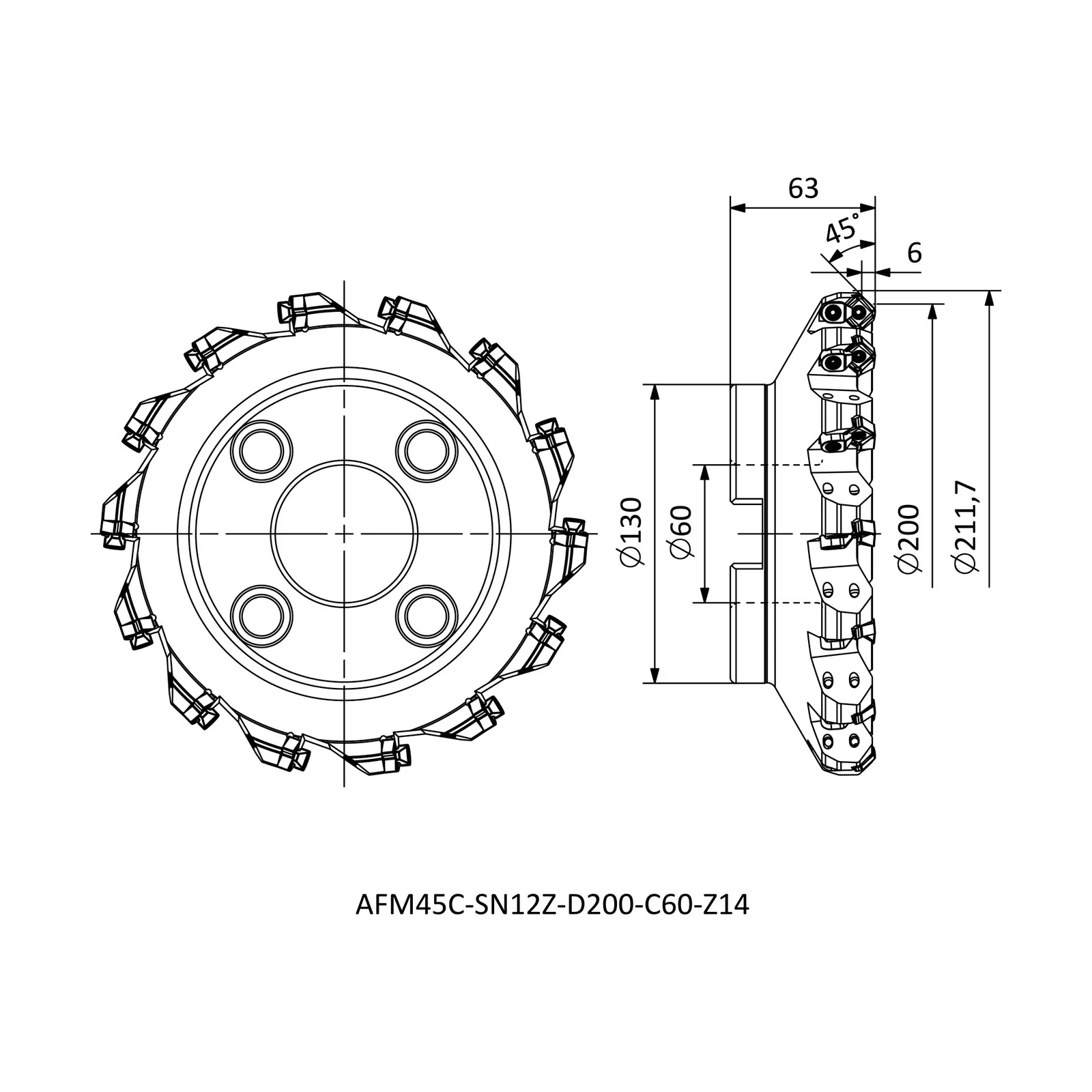 AFM45C-SN12Z-D200-C60-Z14 &mdash; dimensioned drawing
