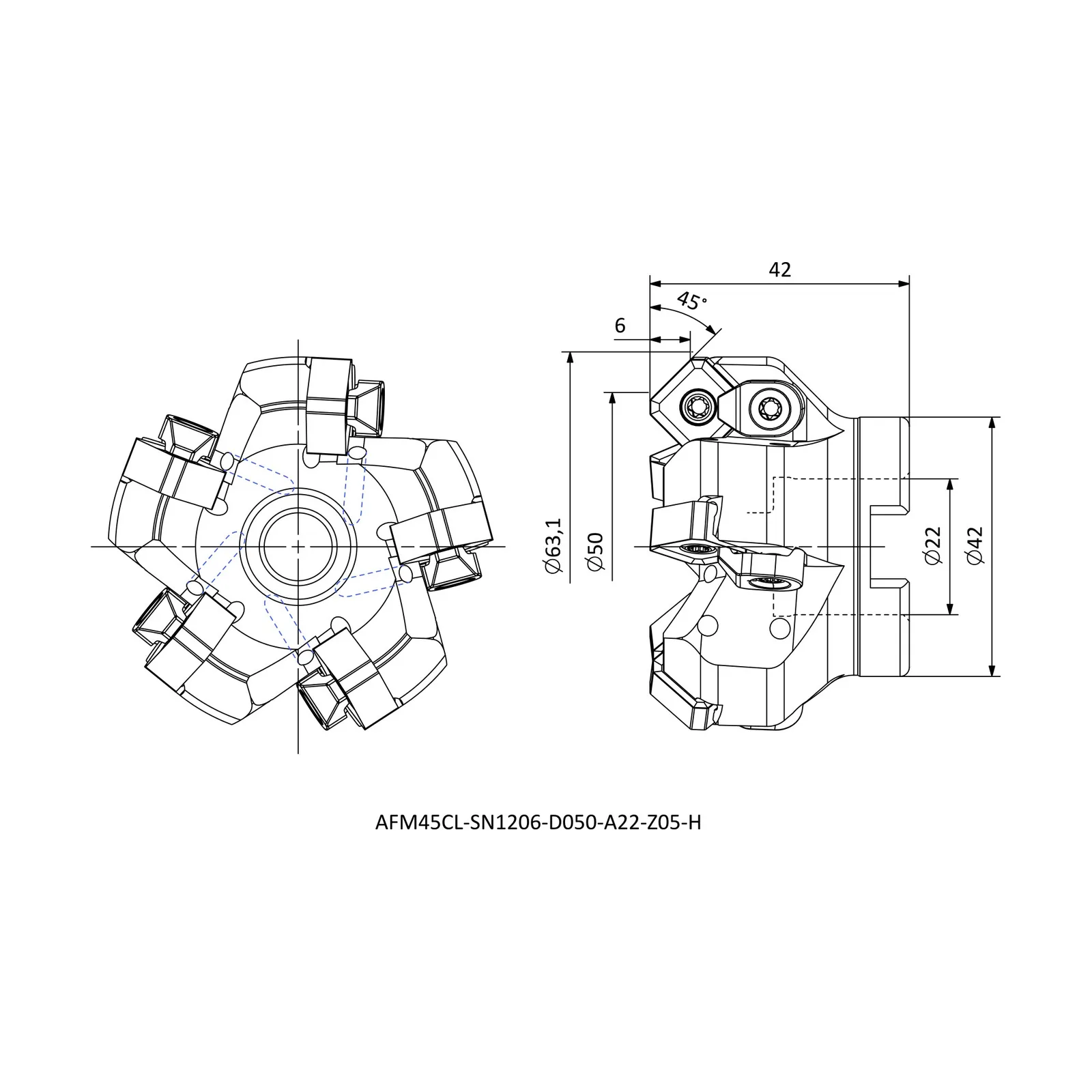 AFM45CL-SN1206-D050-A22-Z05-H &mdash; dimensioned drawing