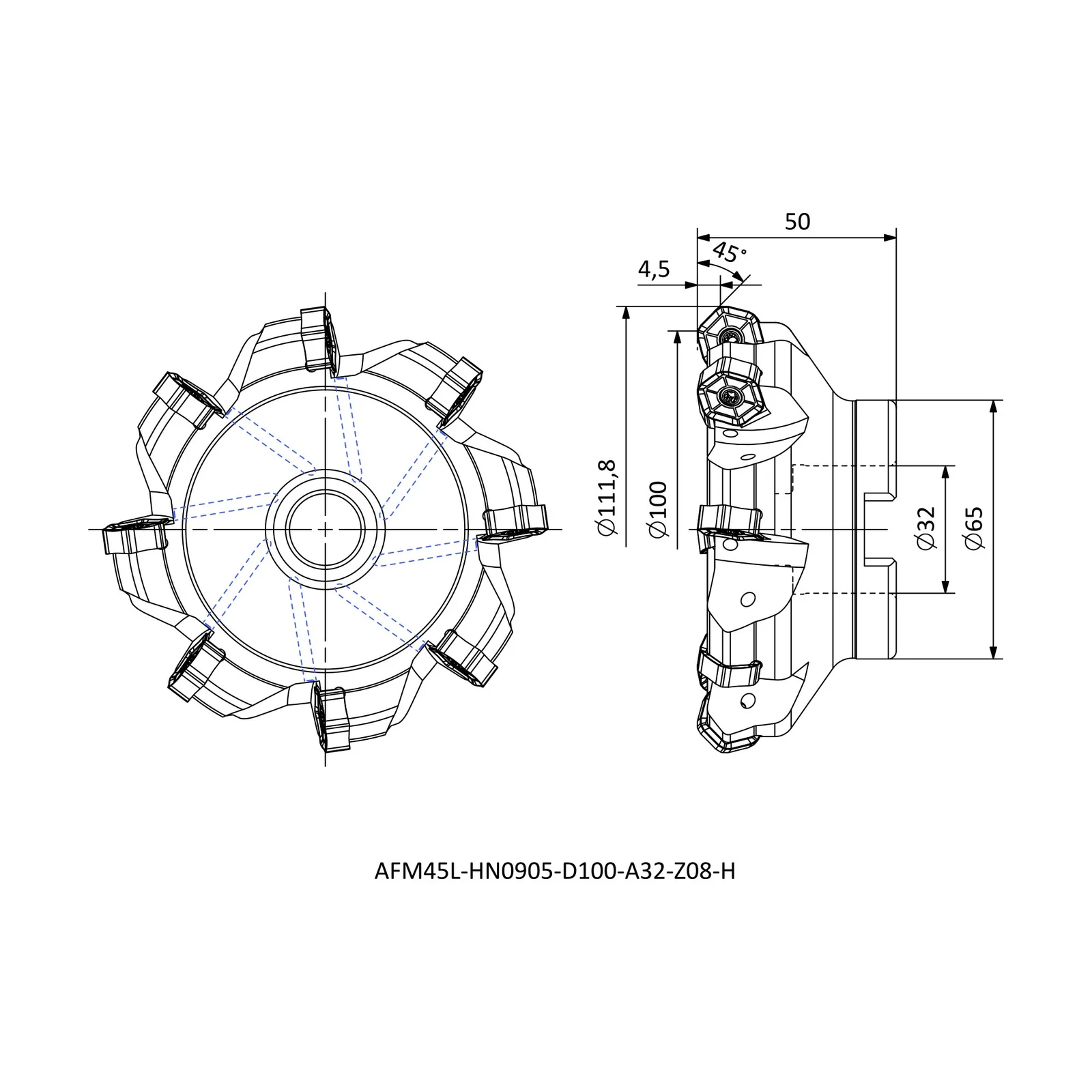 AFM45L-HN0905-D100-A32-Z08-H &mdash; dimensioned drawing