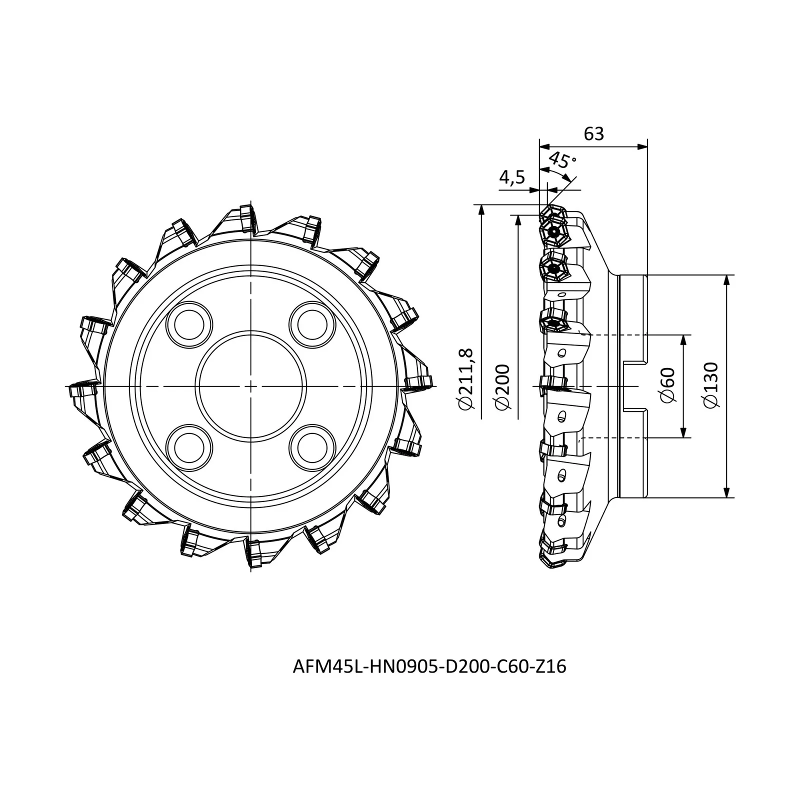 AFM45L-HN0905-D200-C60-Z16 &mdash; dimensioned drawing