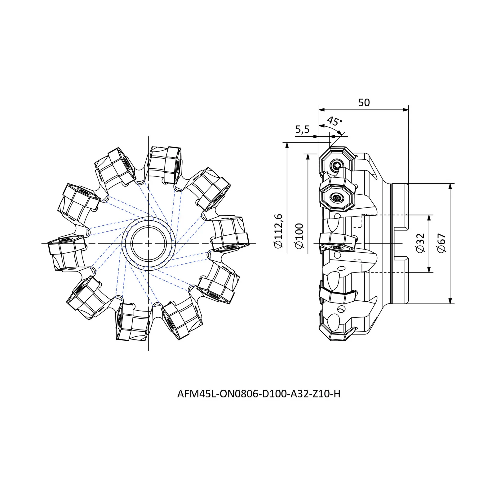 AFM45L-ON0806-D100-A32-Z10-H &mdash; dimensioned drawing
