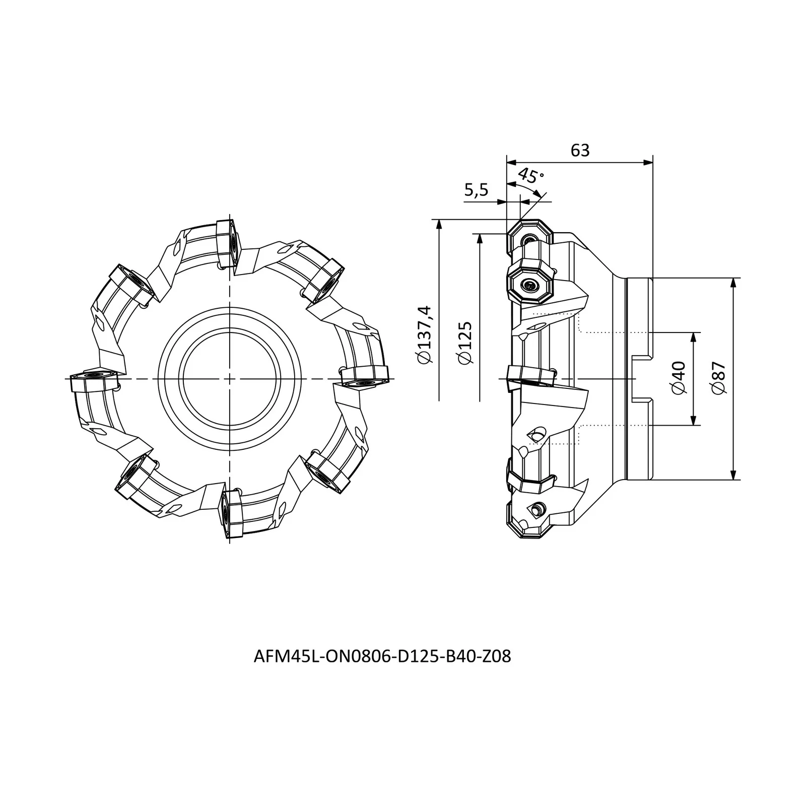 AFM45L-ON0806-D125-B40-Z08 &mdash; dimensioned drawing