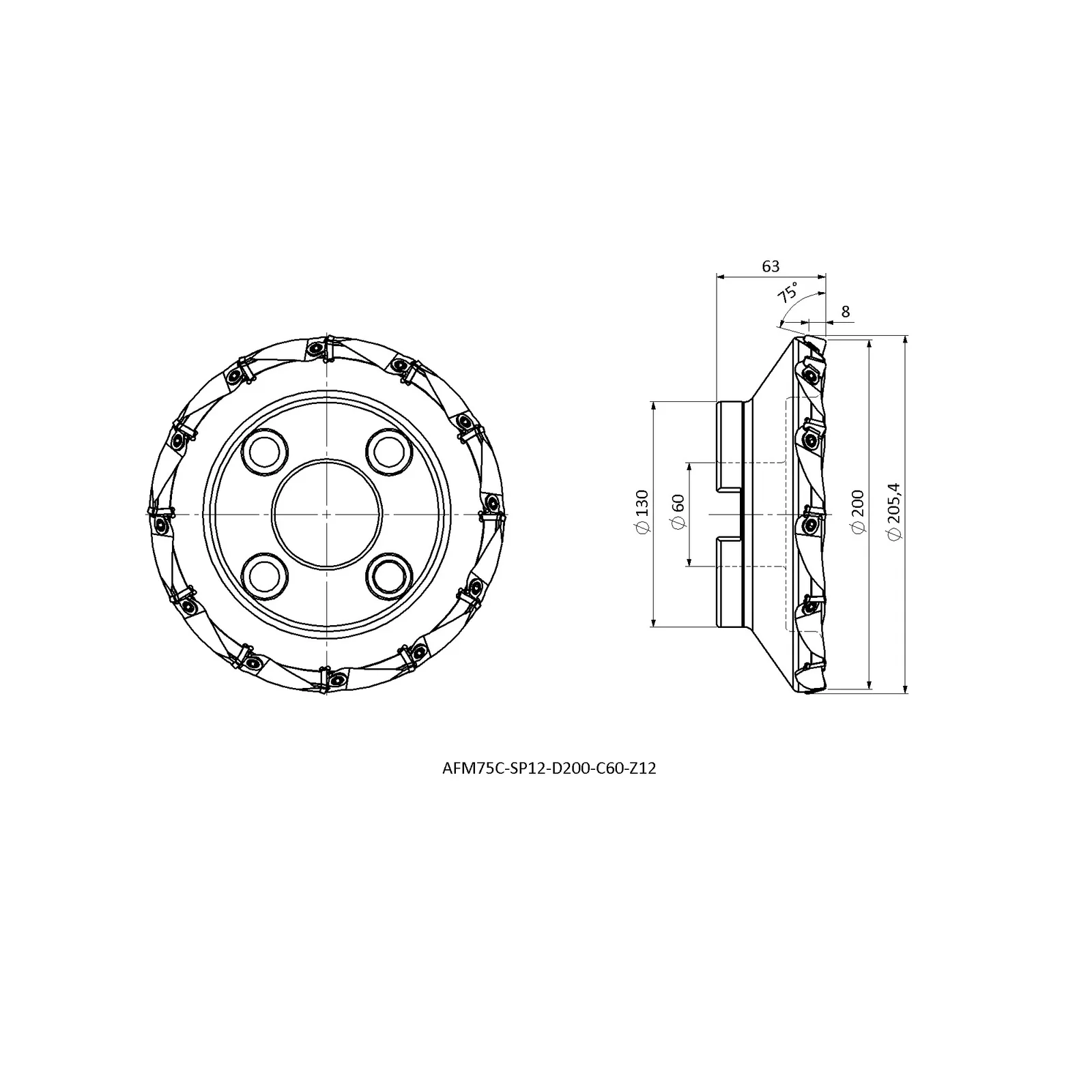 AFM75C-SP12-D200-C60-Z12 &mdash; dimensioned drawing