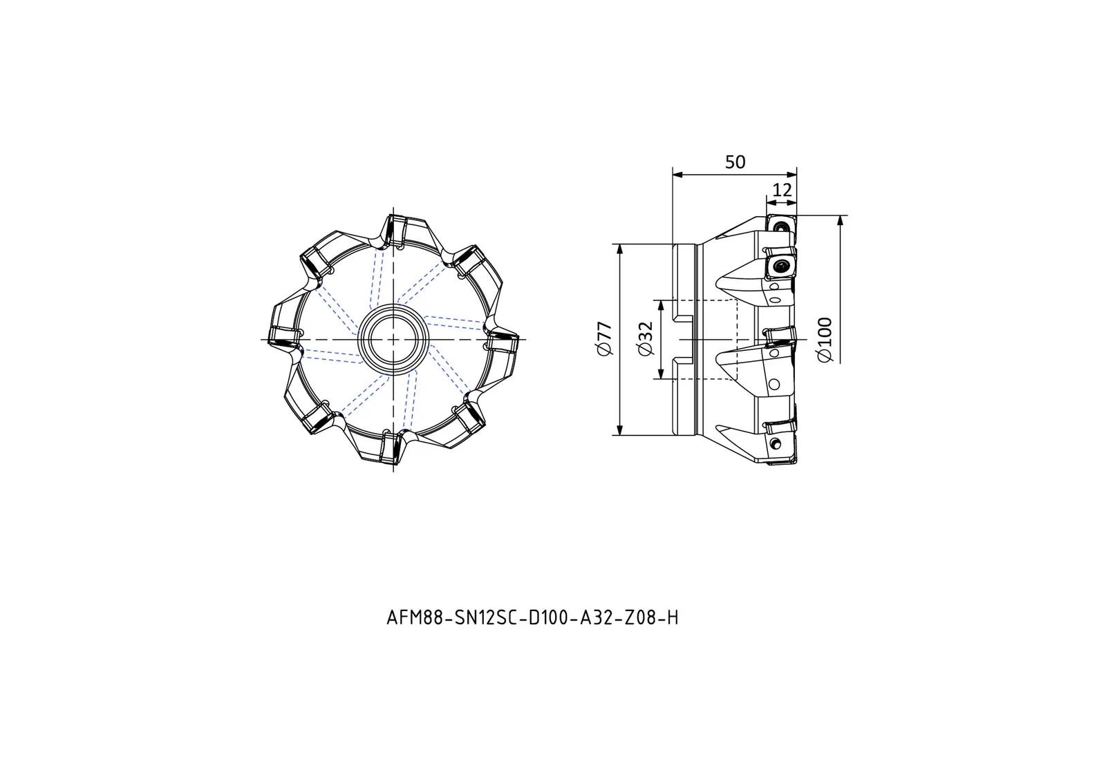 AFM88-SN12SC-D100-A32-Z08-H &mdash; dimensioned drawing
