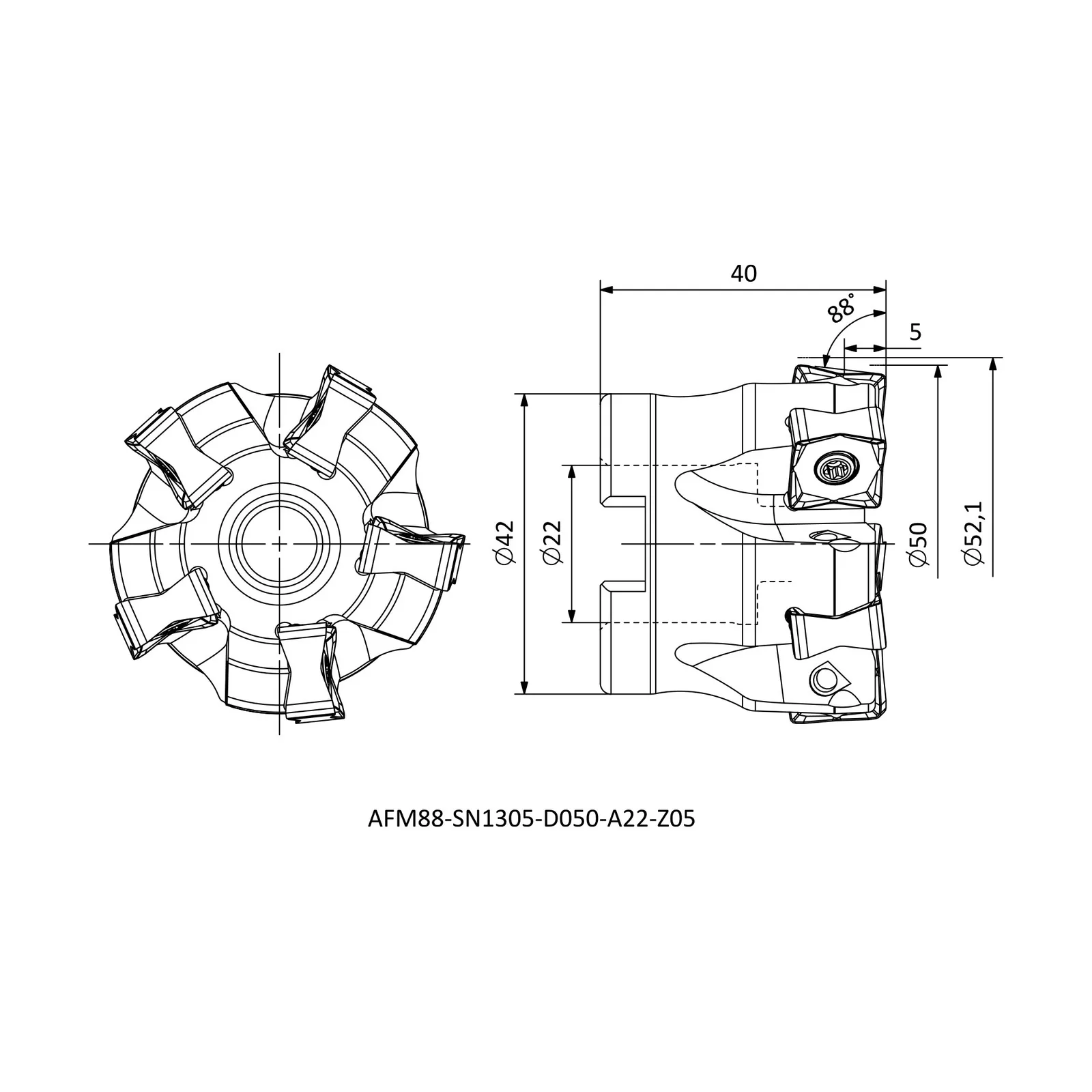 AFM88-SN1305-D050-A22-Z05 &mdash; dimensioned drawing