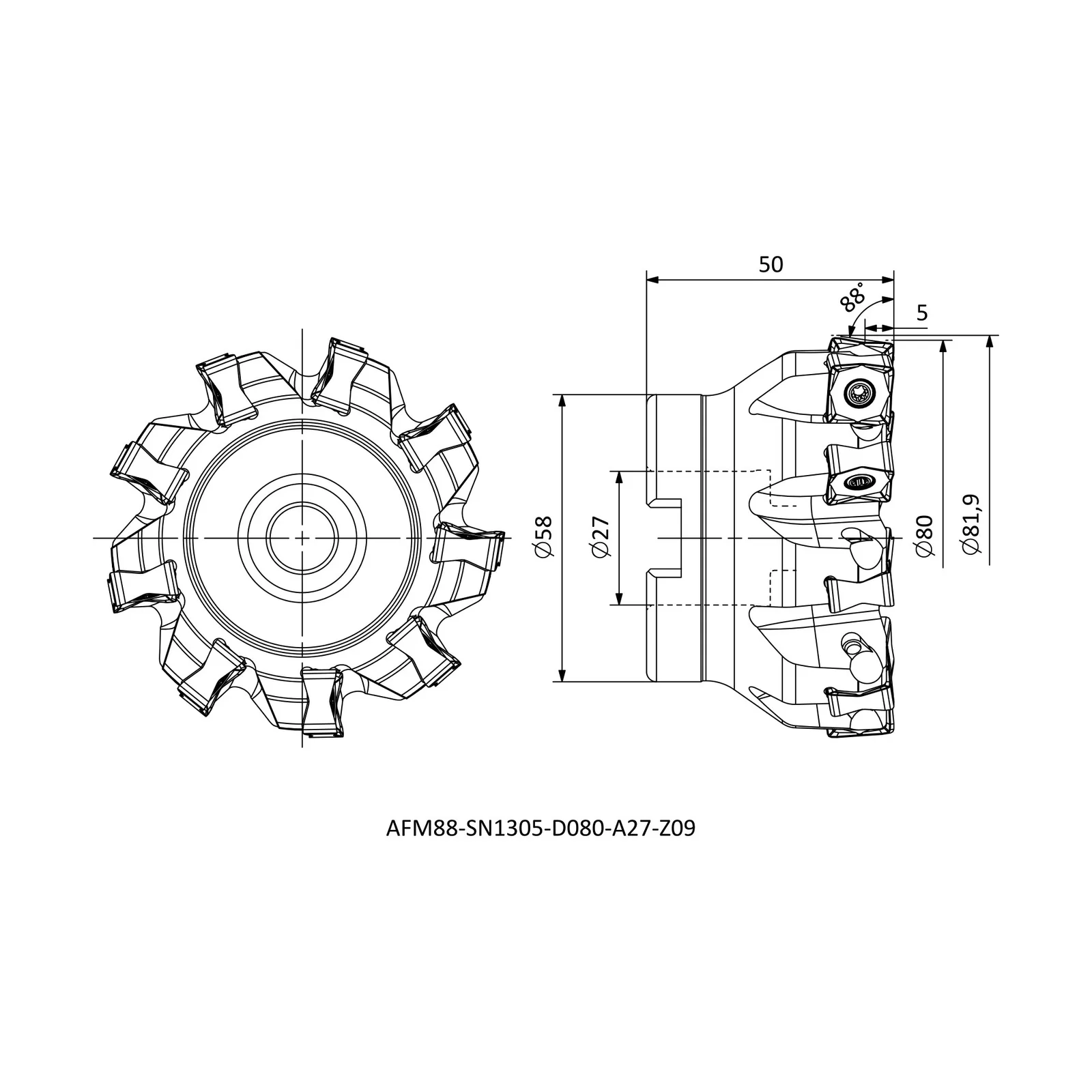AFM88-SN1305-D080-A27-Z09 &mdash; dimensioned drawing