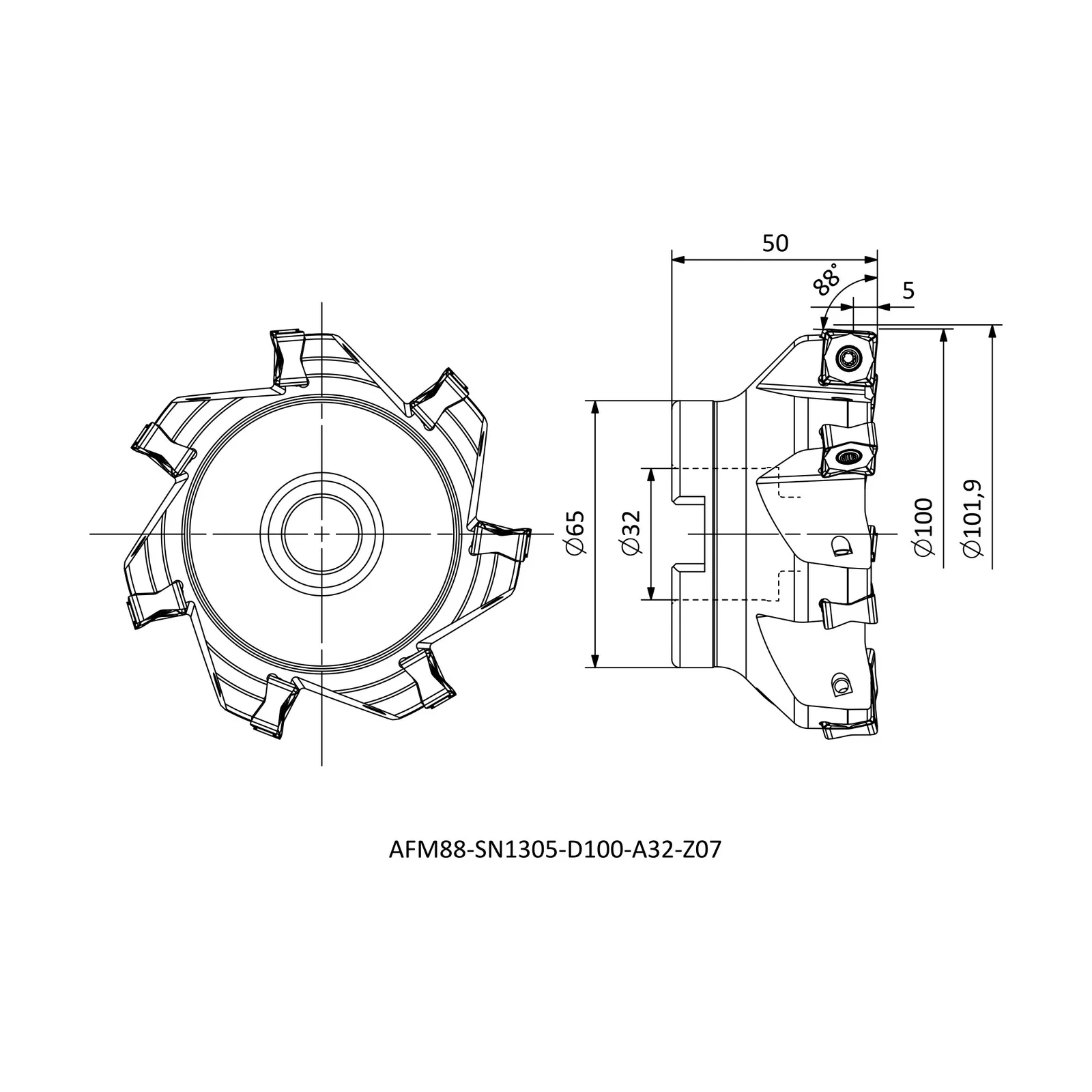 AFM88-SN1305-D100-A32-Z07 &mdash; dimensioned drawing