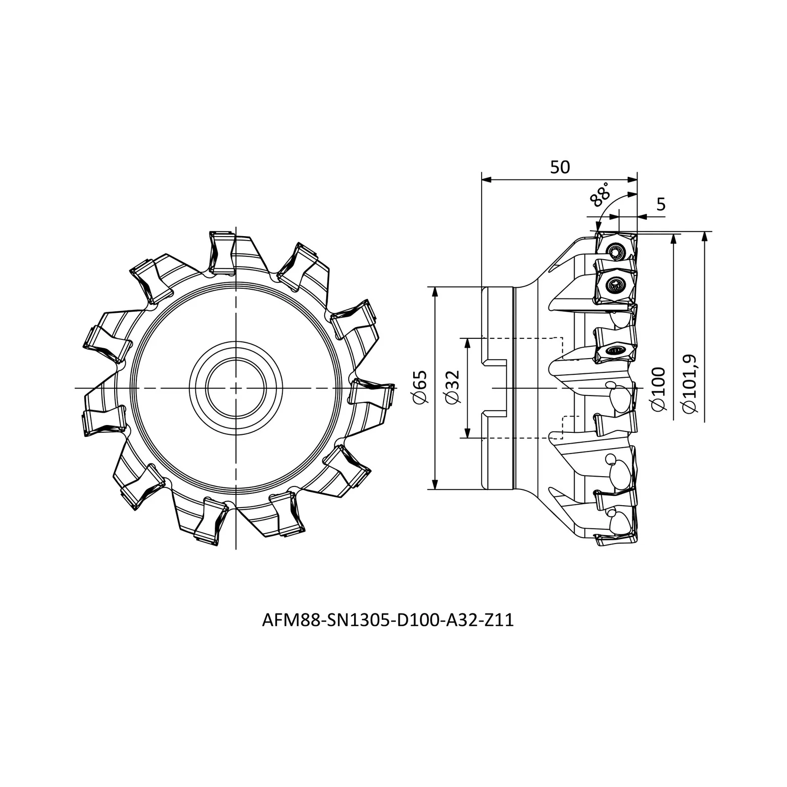 AFM88-SN1305-D100-A32-Z11 &mdash; dimensioned drawing