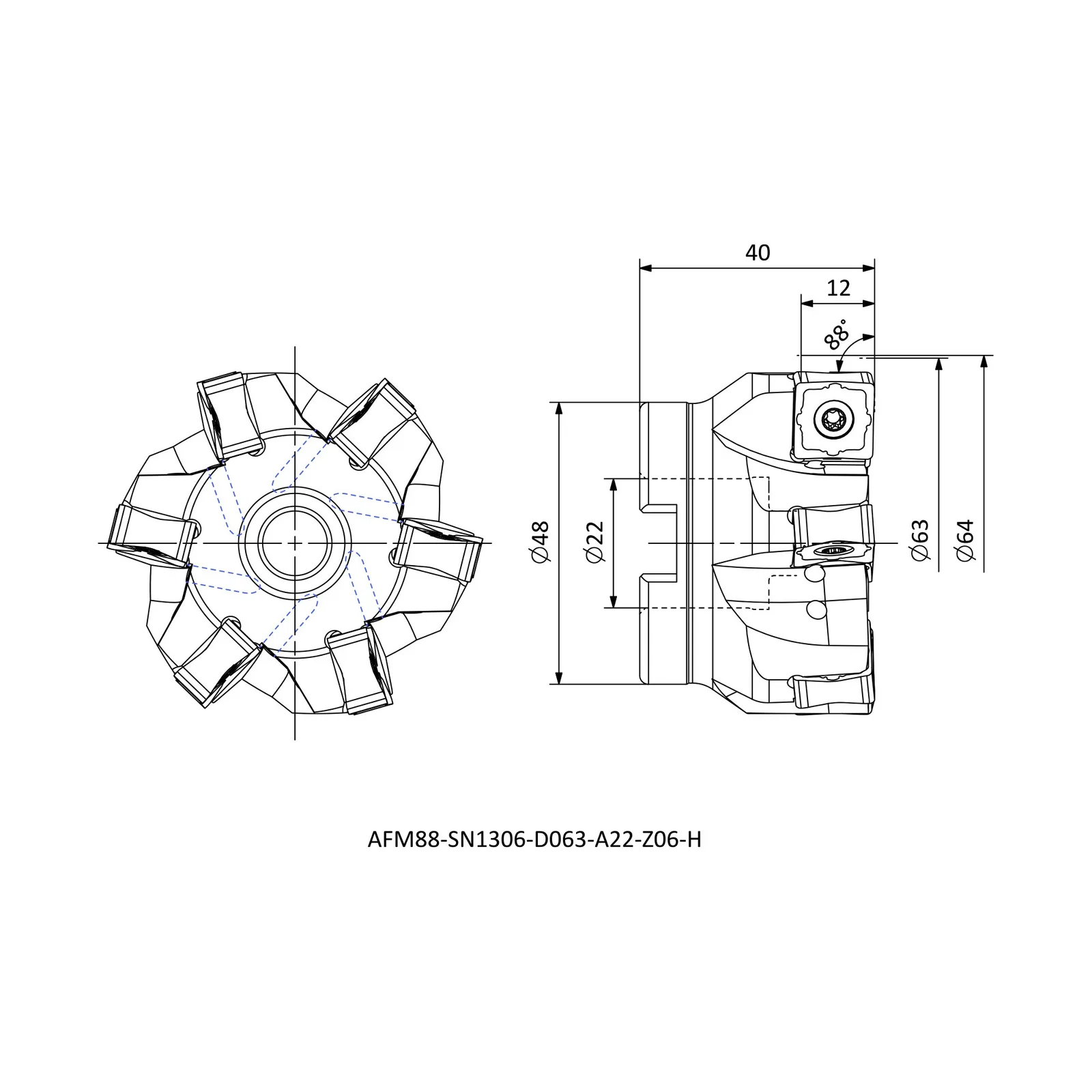 AFM88-SN1306-D063-A22-Z06-H &mdash; dimensioned drawing