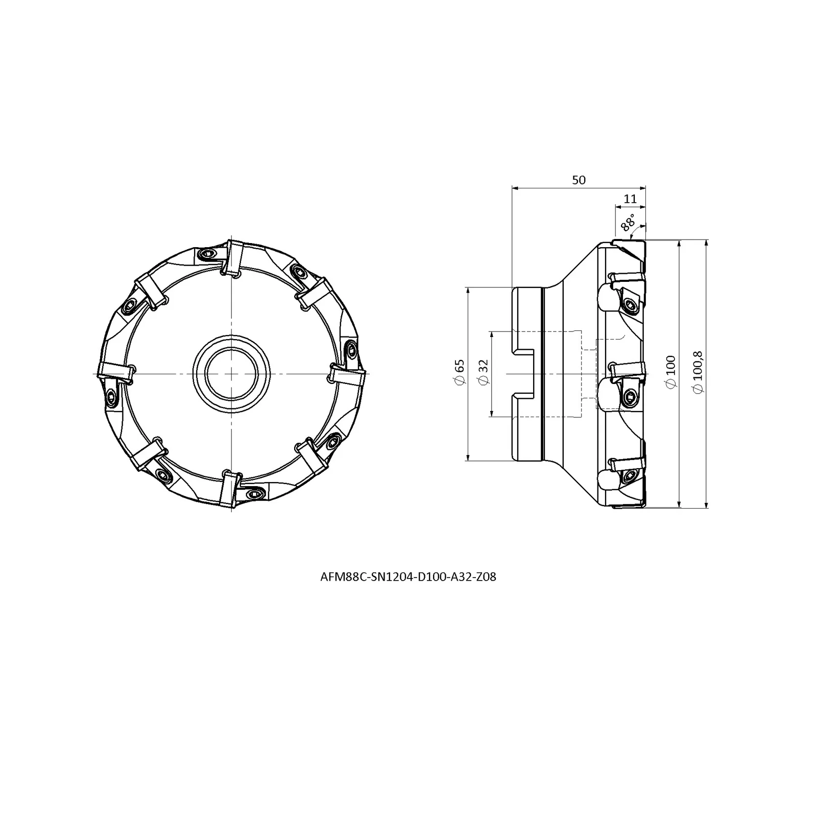 AFM88C-SN1204-D100-A32-Z08 &mdash; dimensioned drawing
