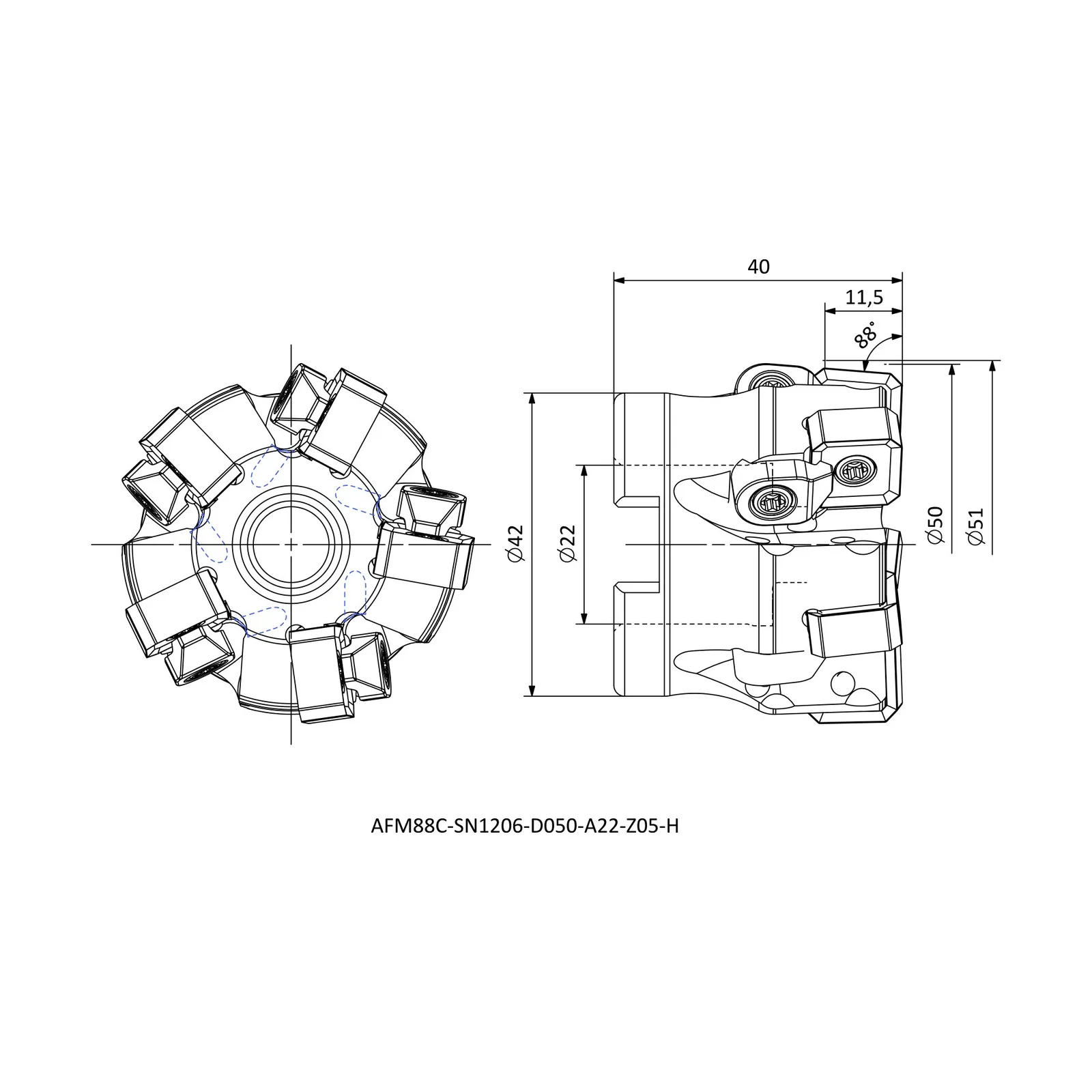 AFM88C-SN1206-D050-A22-Z05-H &mdash; dimensioned drawing