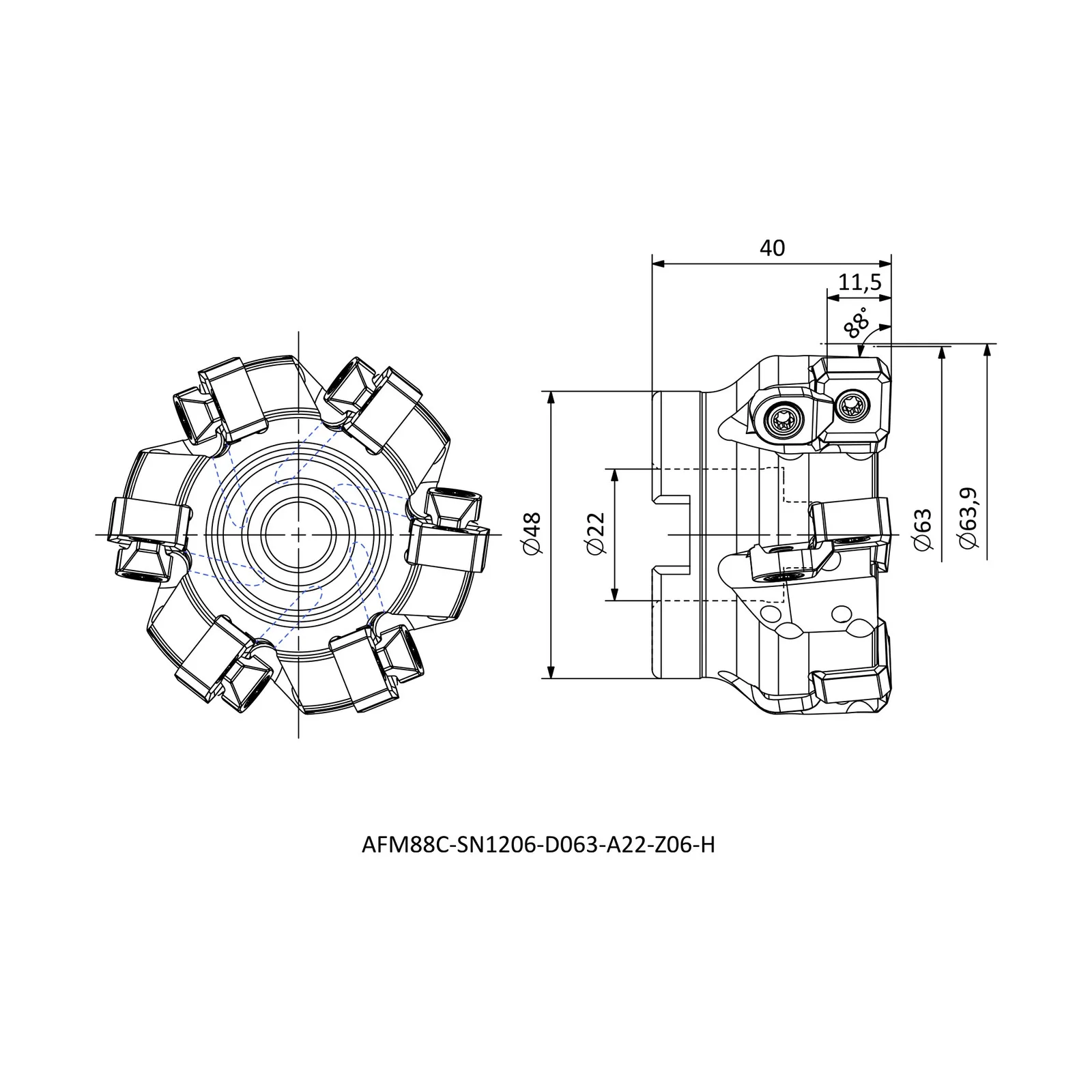 AFM88C-SN1206-D063-A22-Z06-H &mdash; dimensioned drawing