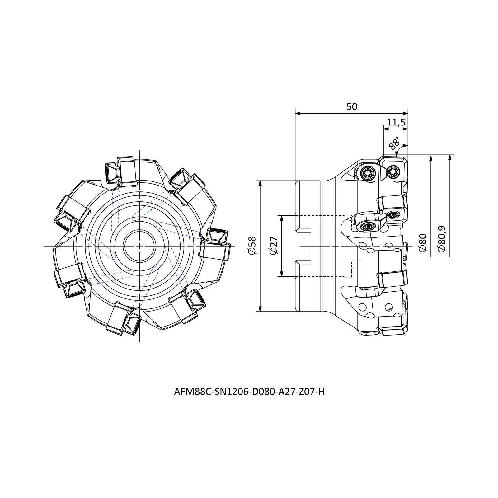 AFM88C-SN1206-D080-A27-Z07-H &mdash; dimensioned drawing