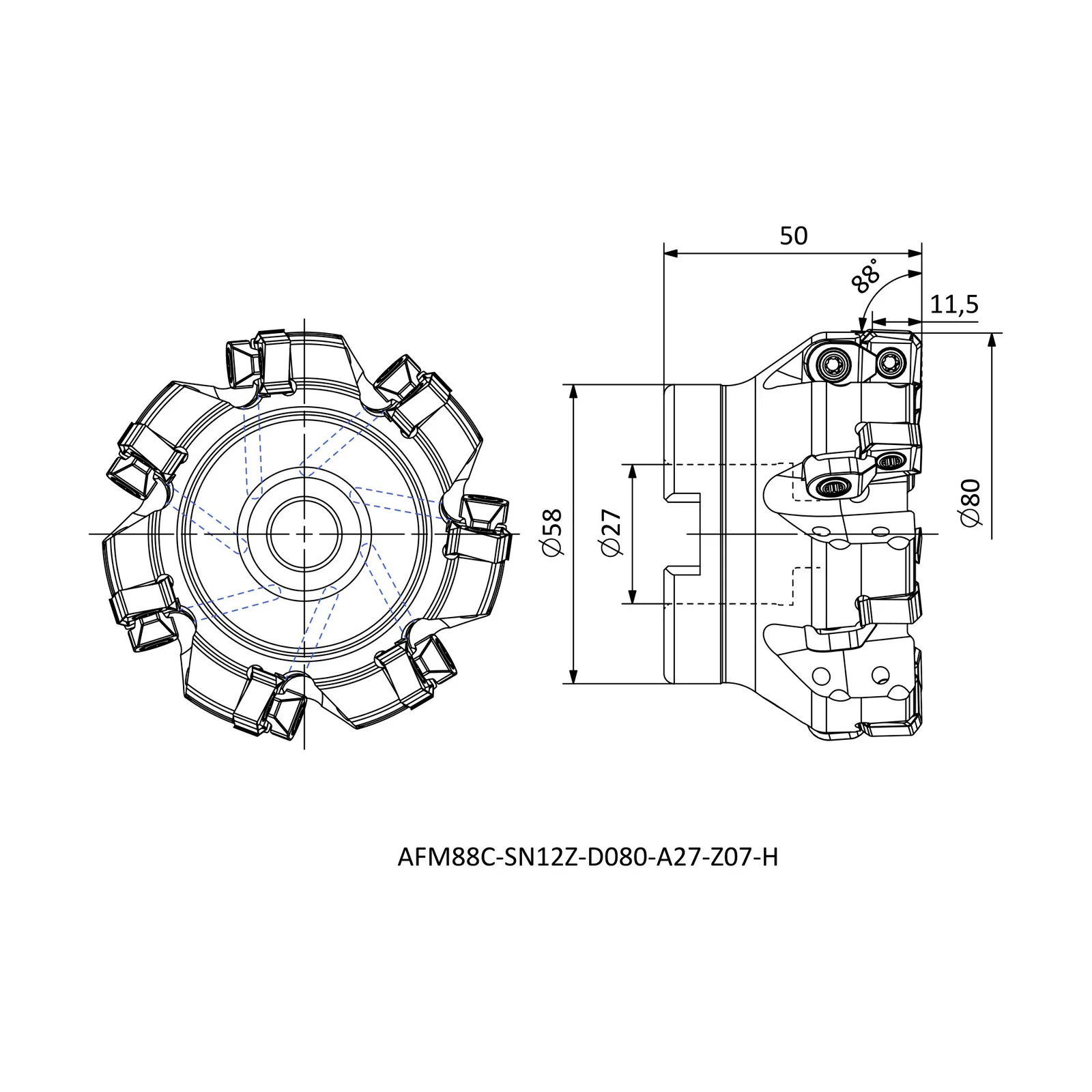 AFM88C-SN12Z-D080-A27-Z07-H &mdash; dimensioned drawing