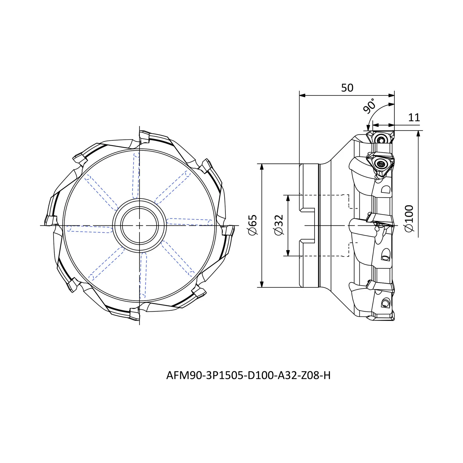 AFM90-3P1505-D100-A32-Z08-H &mdash; dimensioned drawing