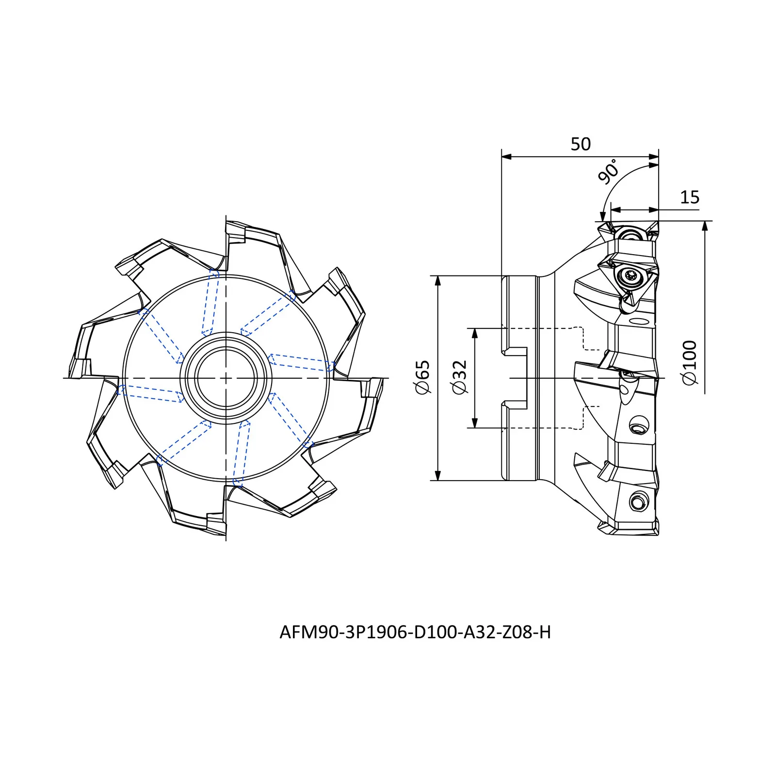 AFM90-3P1906-D100-A32-Z08-H &mdash; dimensioned drawing