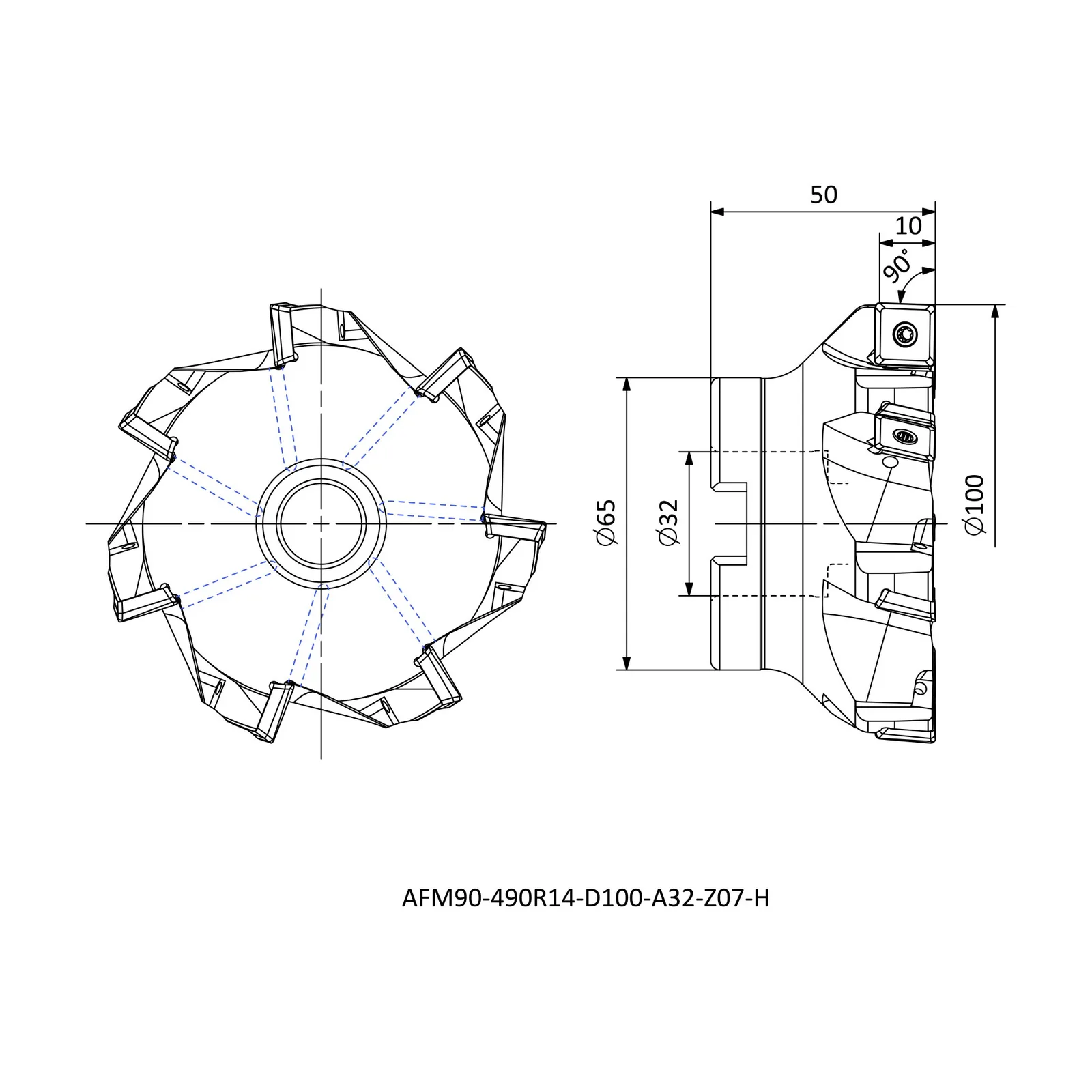 AFM90-490R14-D100-A32-Z07-H &mdash; dimensioned drawing