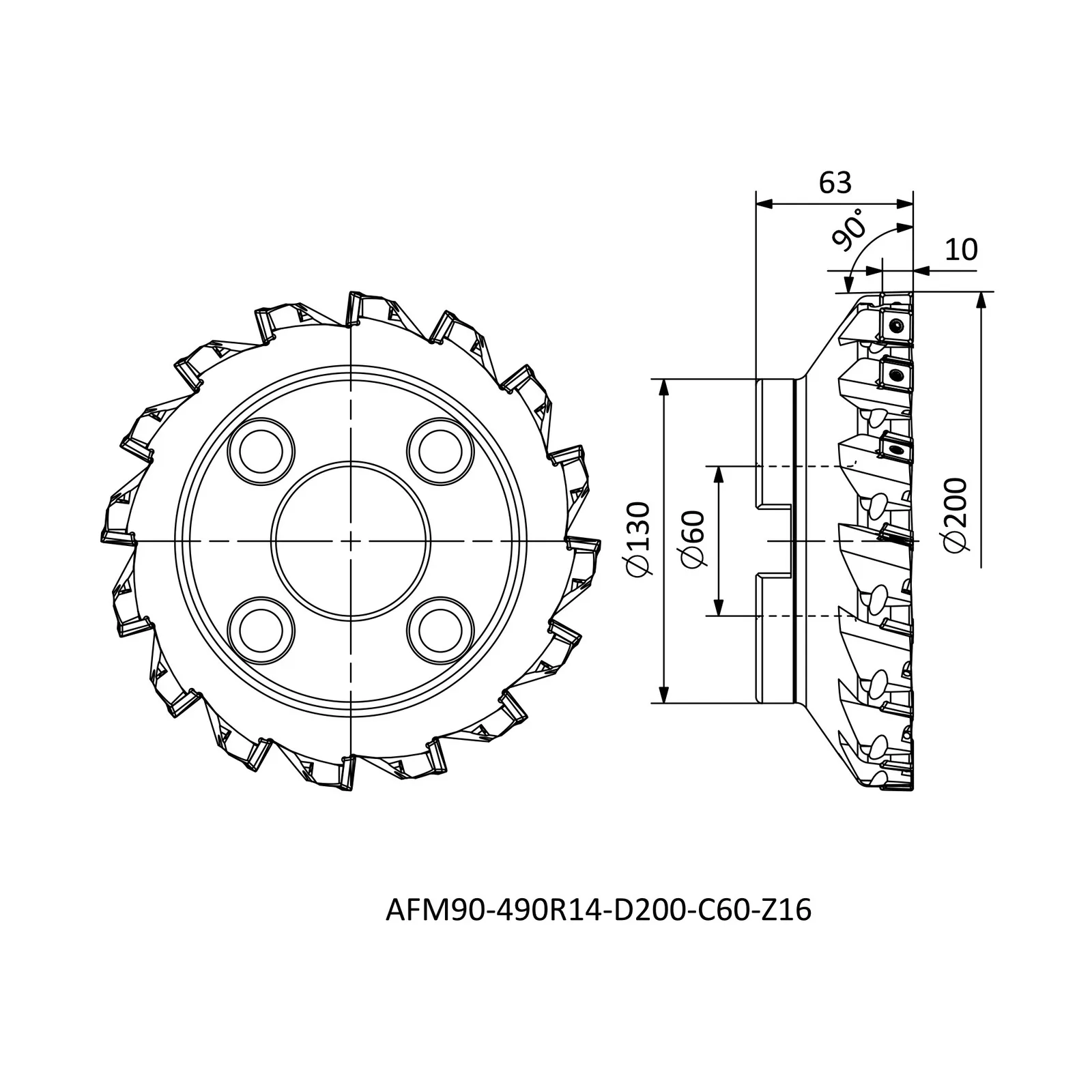 AFM90-490R14-D200-C60-Z16 &mdash; dimensioned drawing