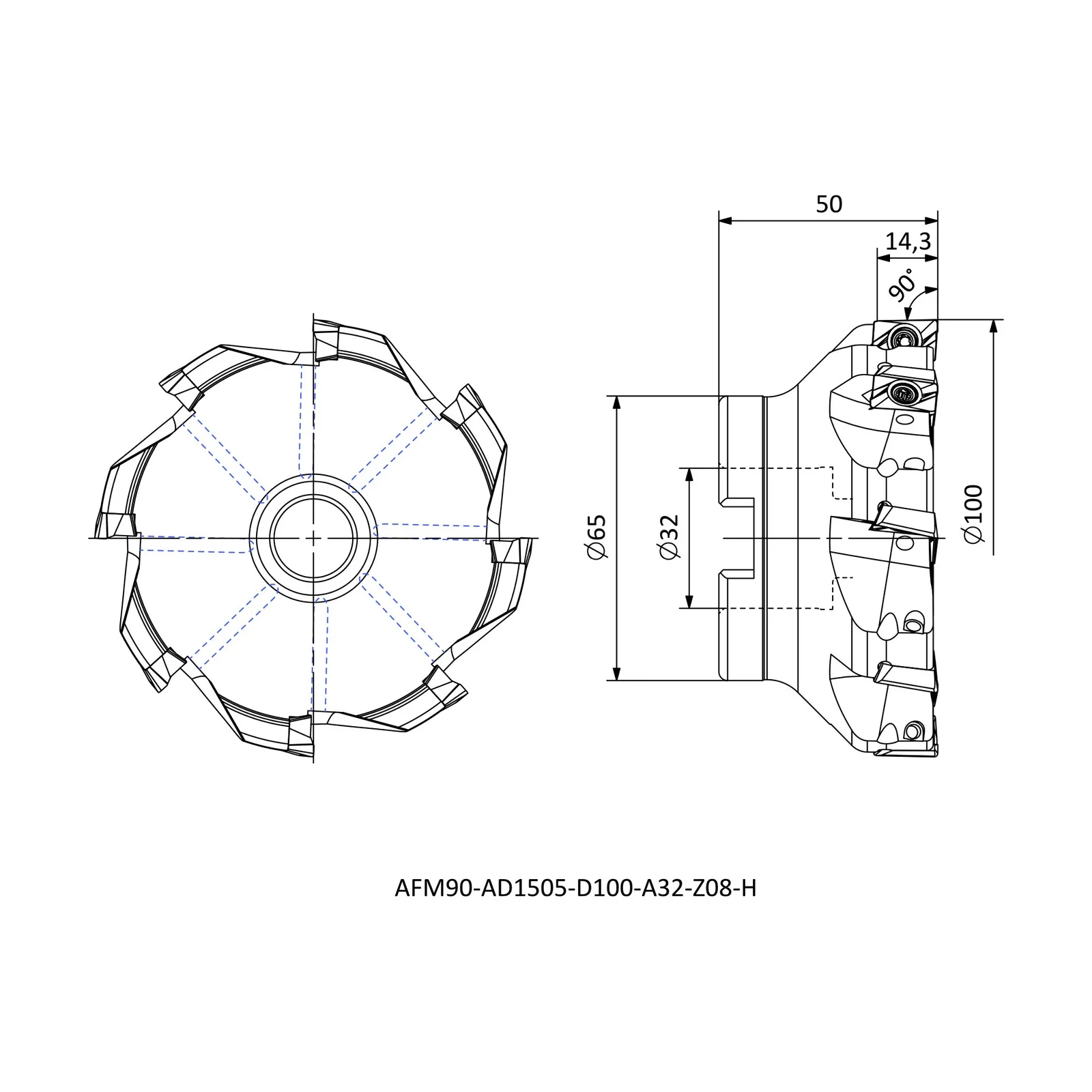 AFM90-AD1505-D100-A32-Z08-H &mdash; dimensioned drawing